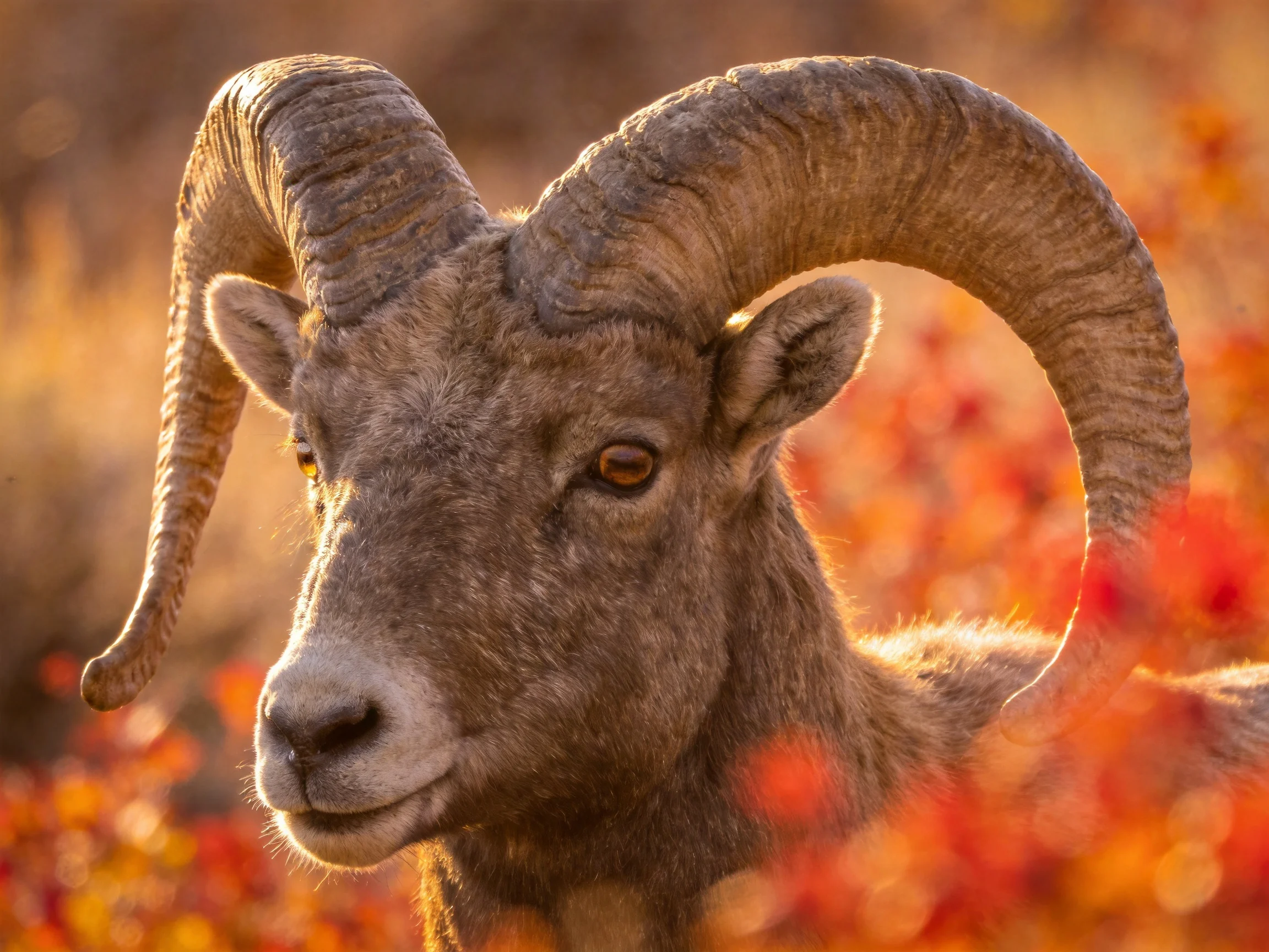 A close - up of a bighorn sheep with massive curved horns amid autumn - colored foliage