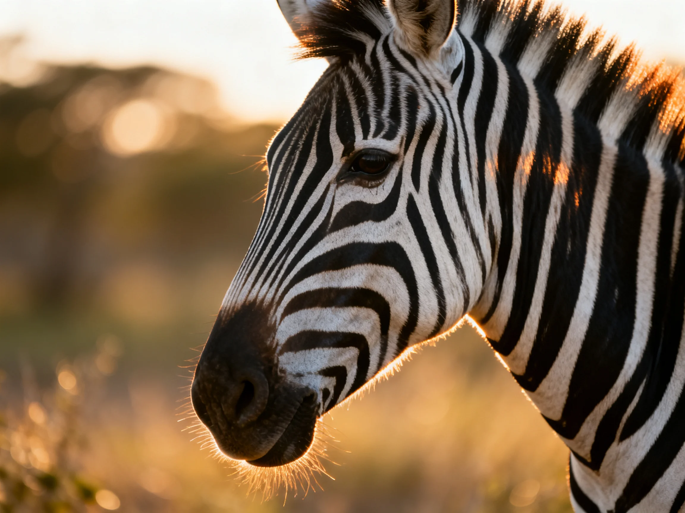 A close-up of a black and white striped zebra in golden sunlight