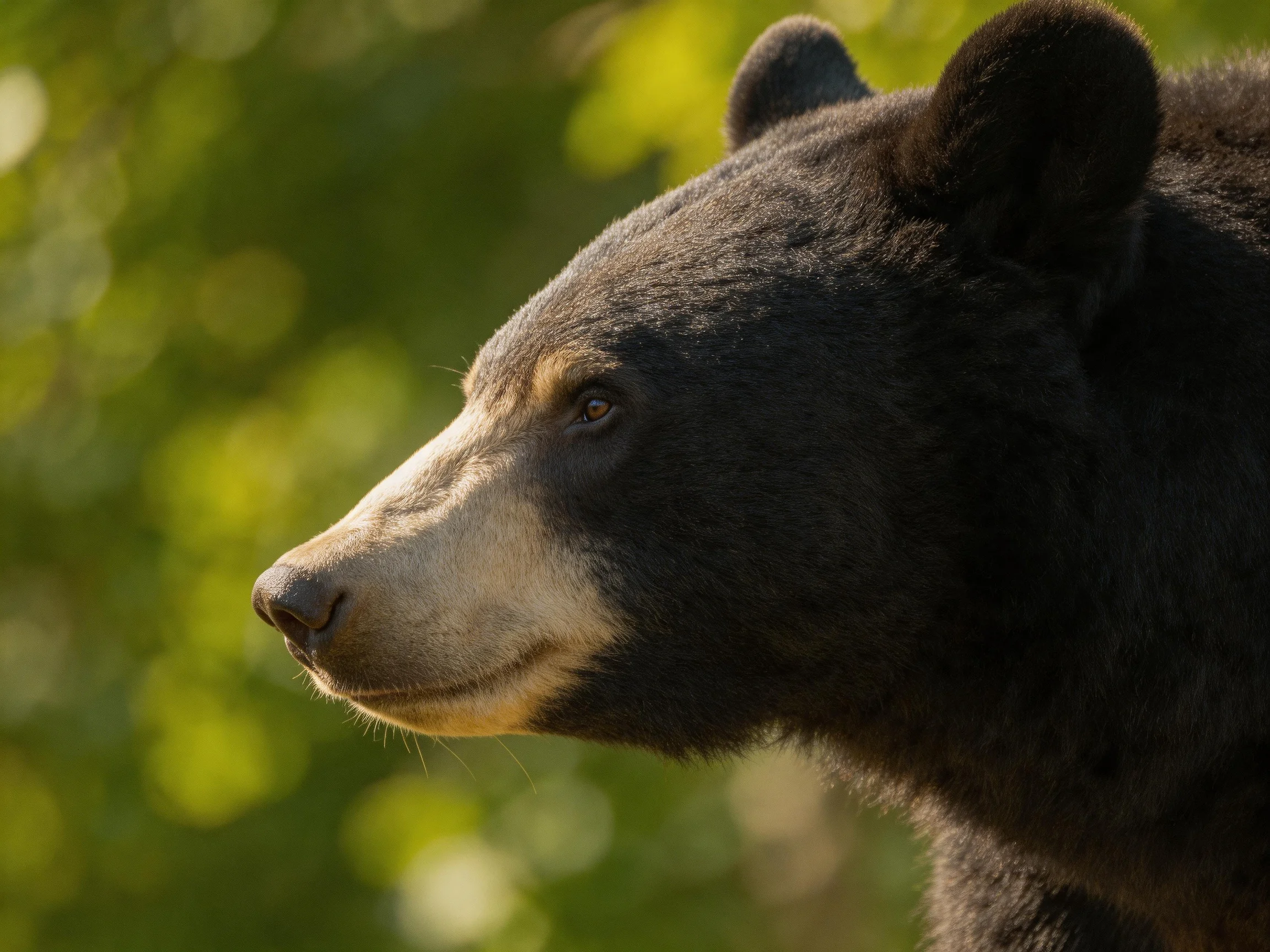 A close - up of a black bear with a tan snout in green surroundings