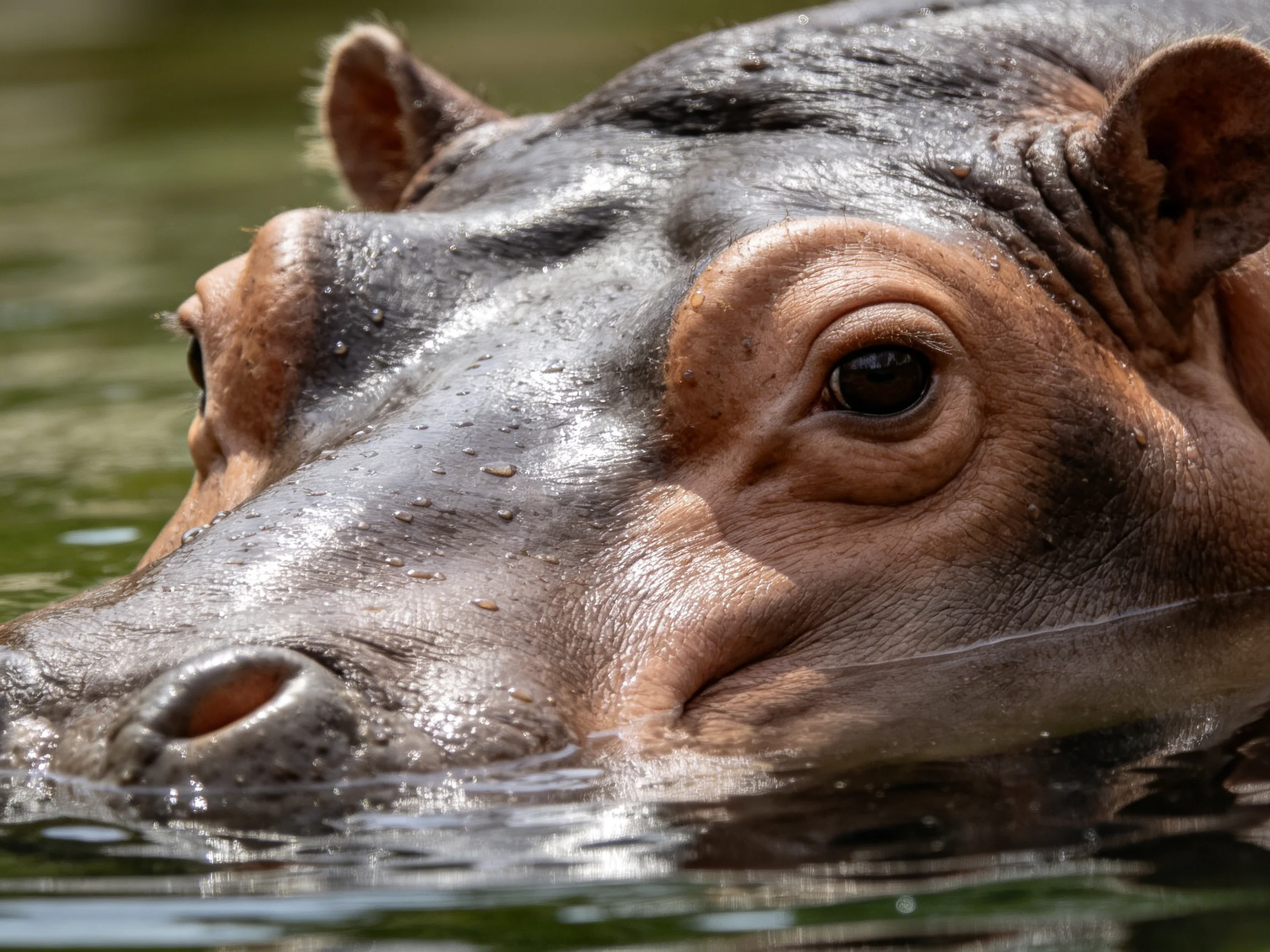 A hippopotamus with textured skin is partially underwater, displaying its face.