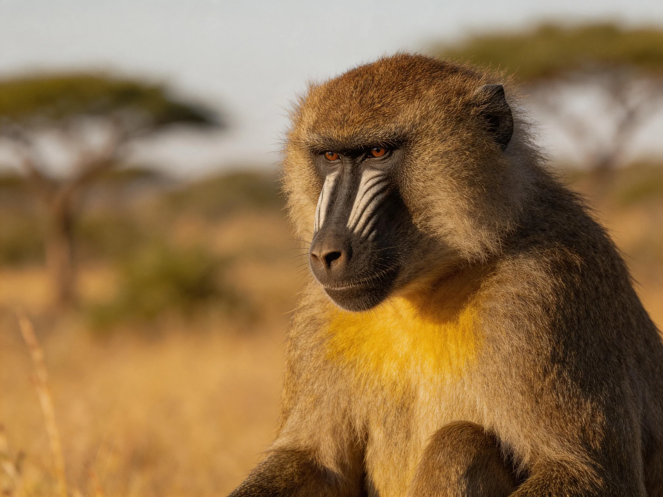 A baboon with brown and yellow fur is in a sunlit savannah.