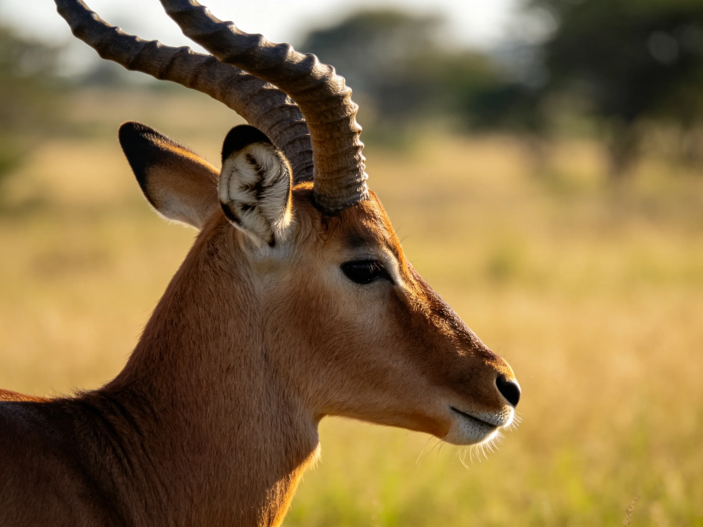 A close - up of a brown antelope with large curved horns in a savannah