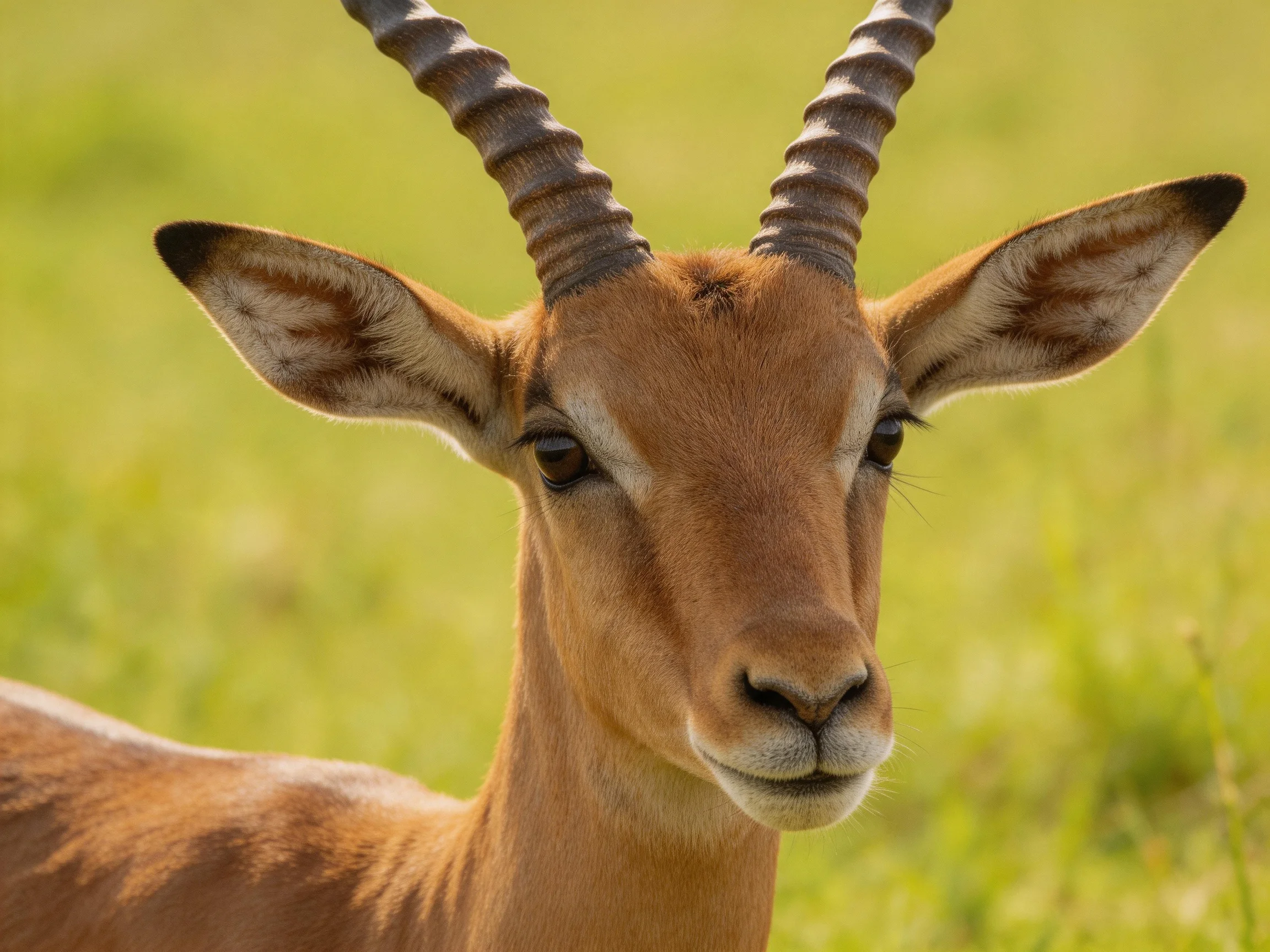 A close - up of a brown antelope with twisted horns in a green field