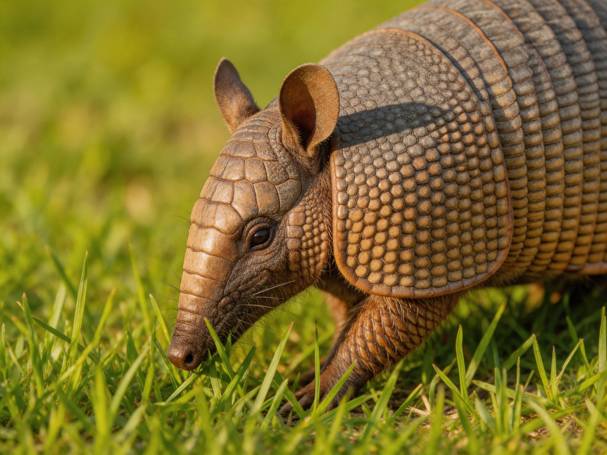 A close - up of a brown armadillo with scaly armor in lush green grass