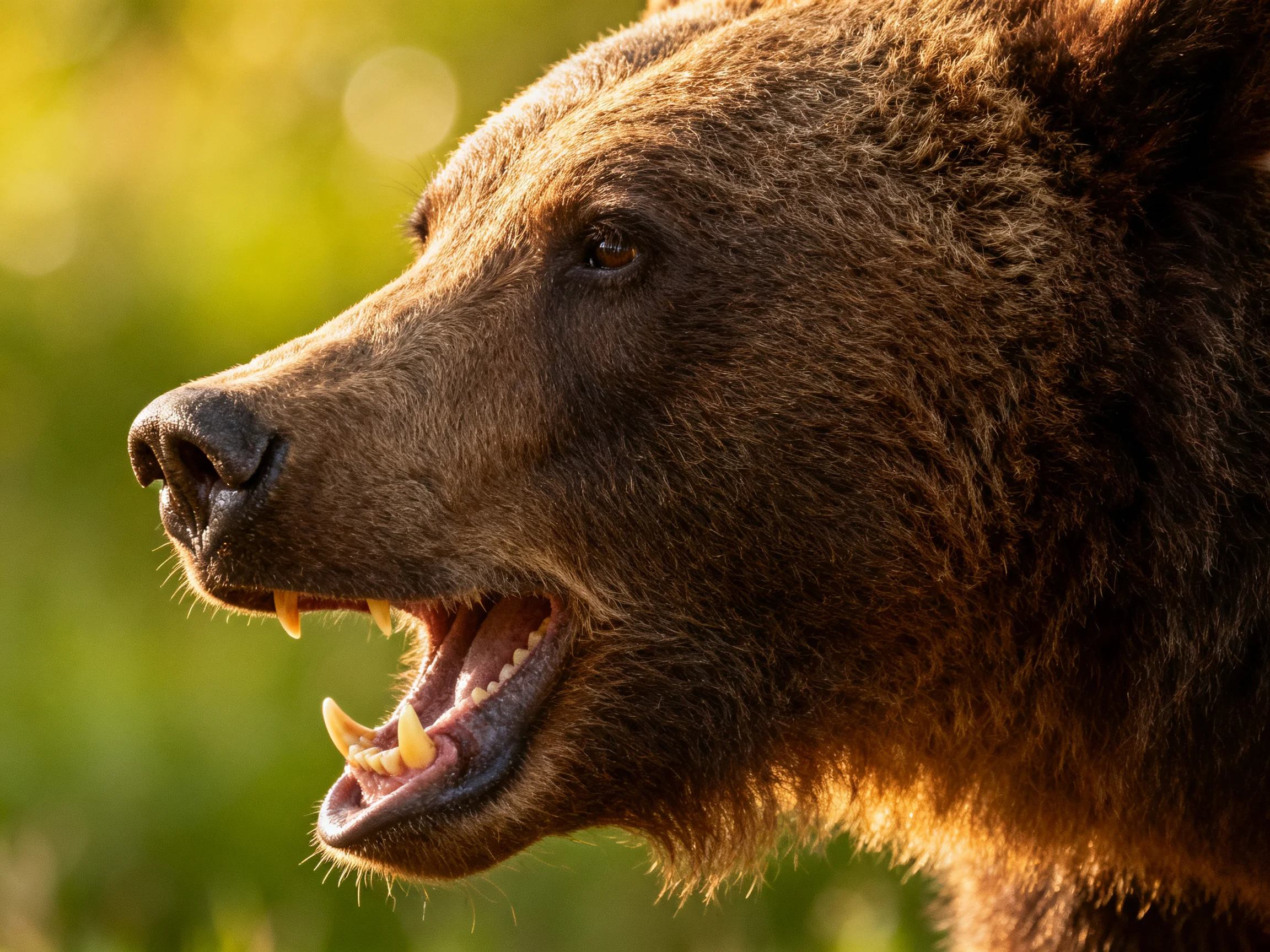 A close - up of a brown bear with an open mouth in a green forest