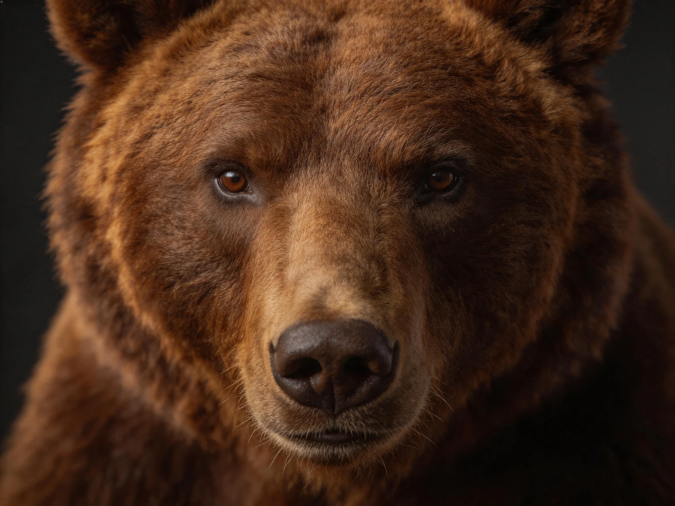 A close-up of a brown bear with rich, textured fur