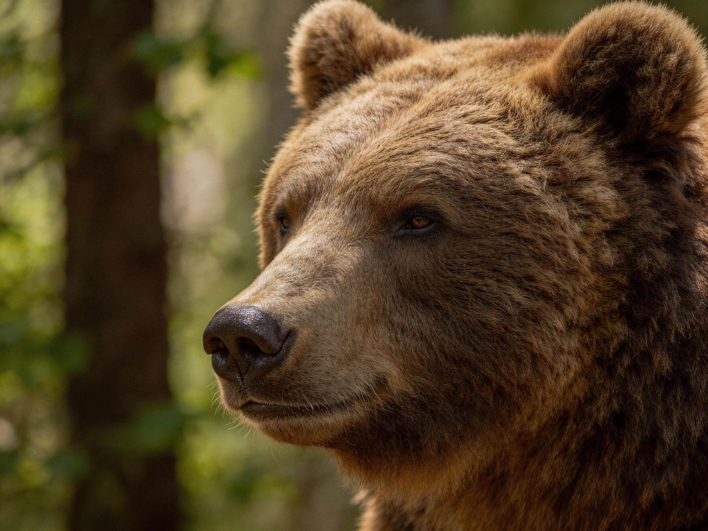 A close - up of a brown bear with thick fur in a sunlit forest