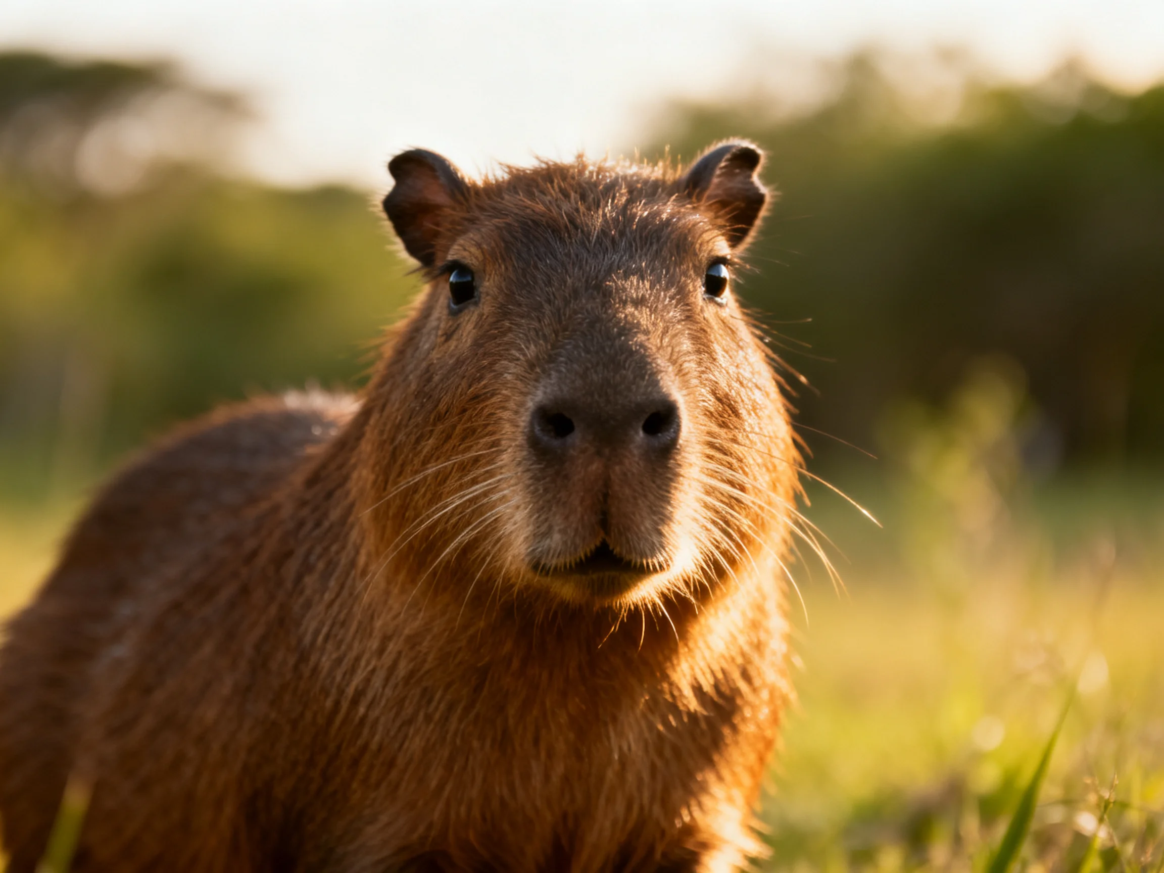 A brown capybara stares directly at the camera in a sunlit natural setting.