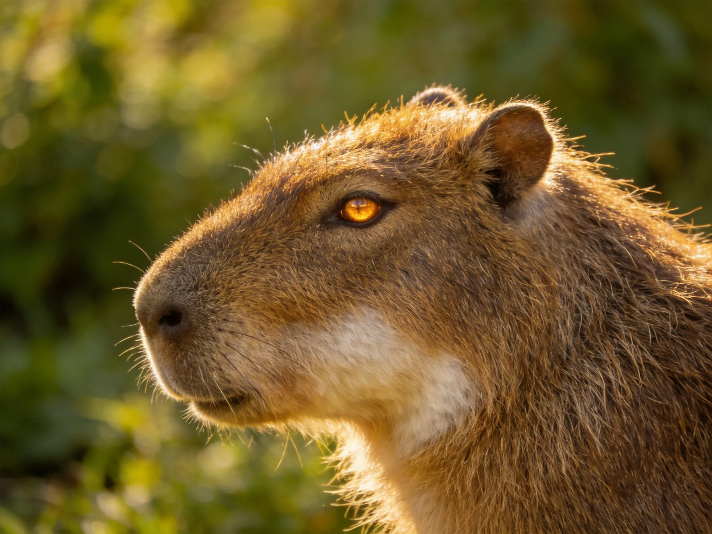 A brown capybara with golden eyes is depicted in a sunlit natural environment.
