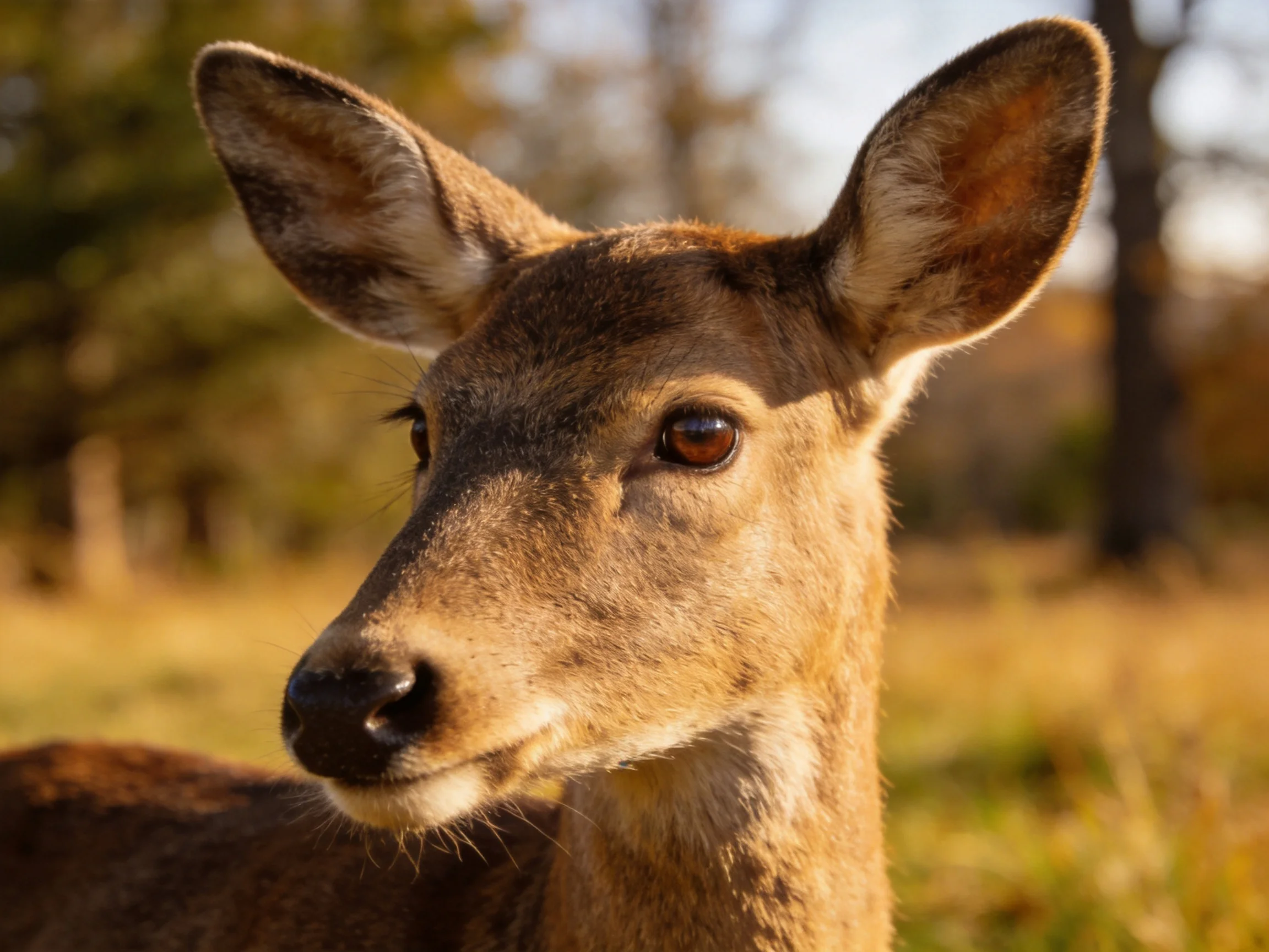 A close - up of a brown deer with alert ears in a sunlit meadow