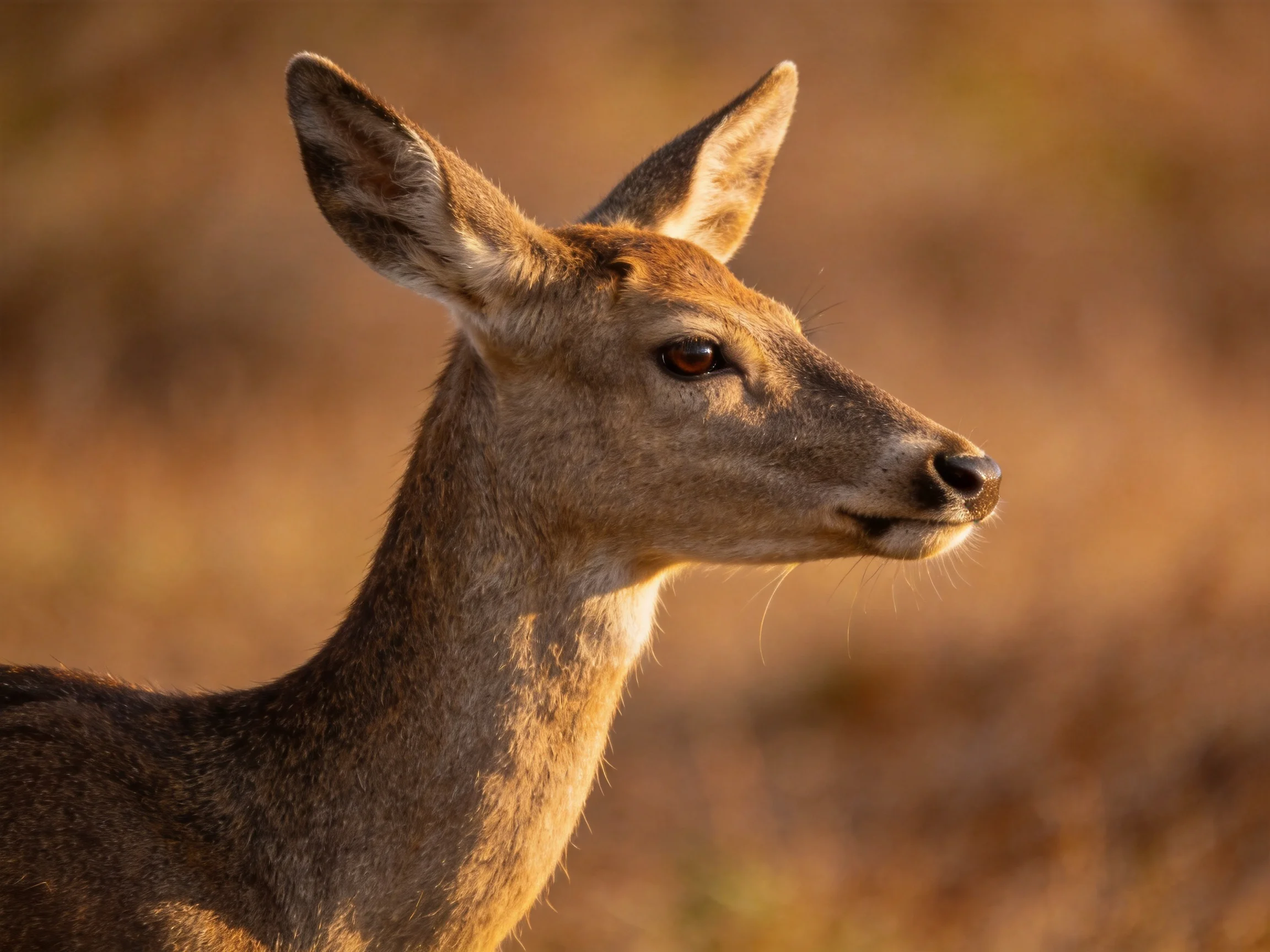 A close - up of a brown deer with alert ears in golden light