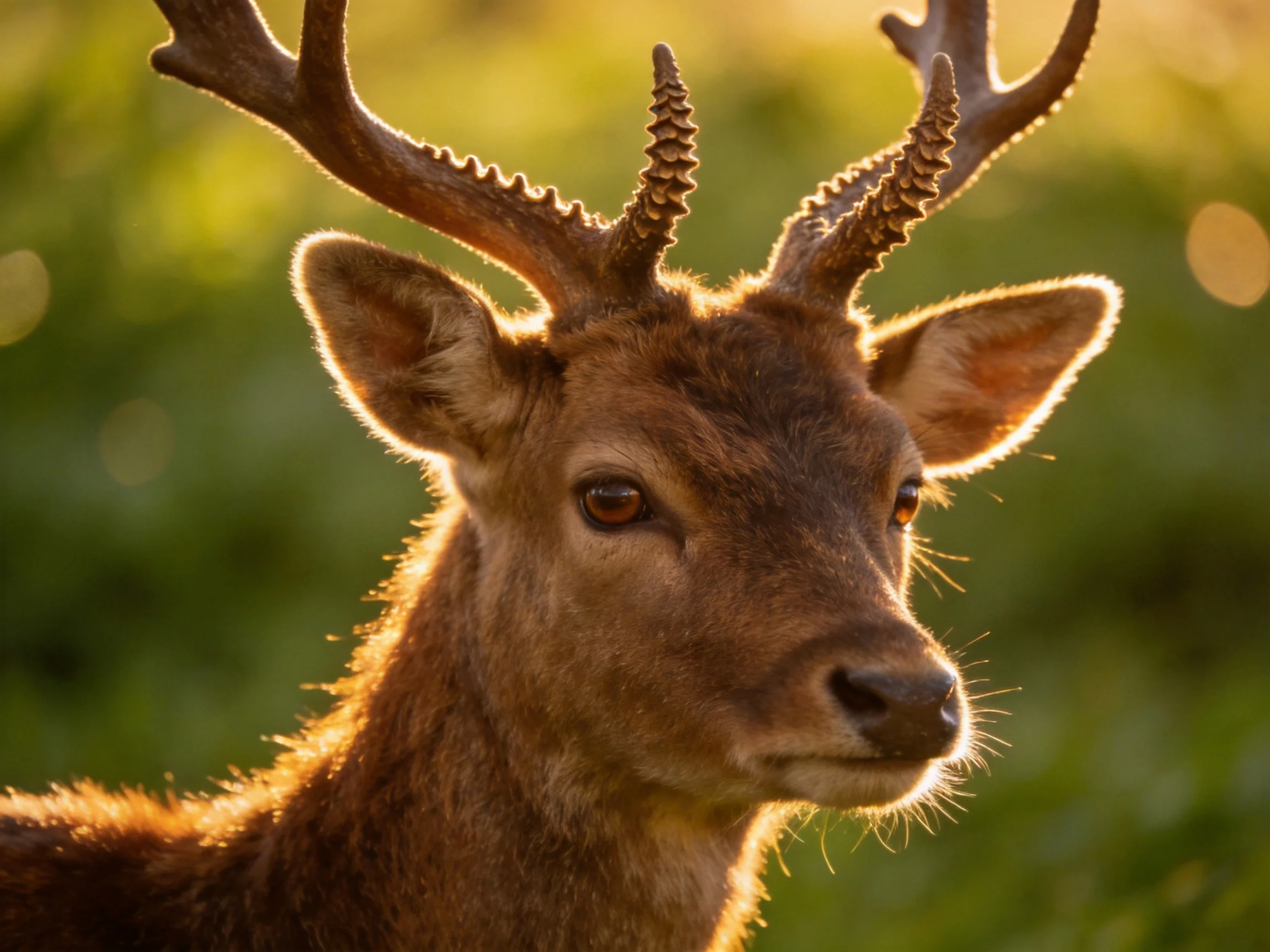 A close - up of a brown deer with large antlers in a sunlit green landscape