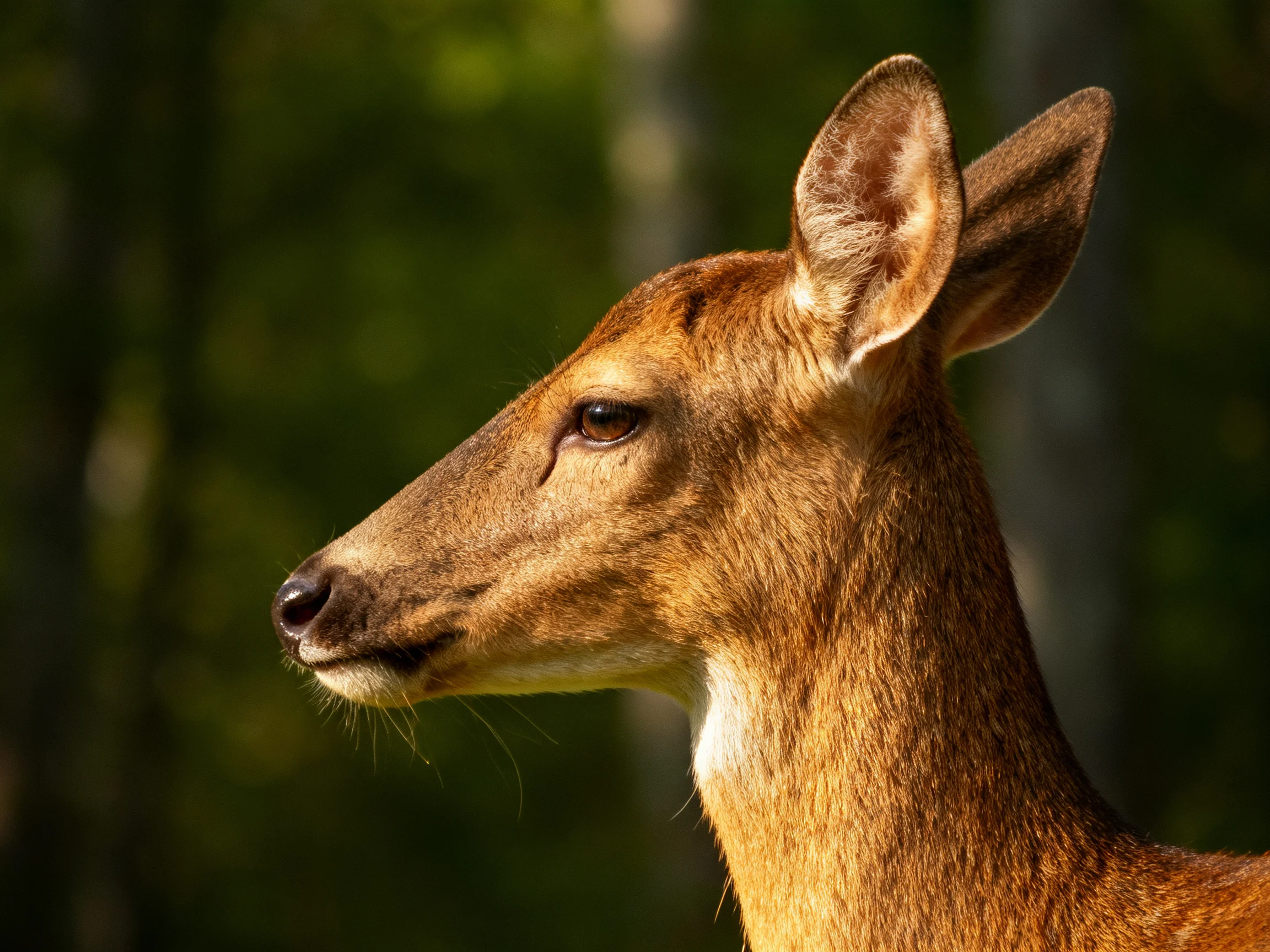 A brown deer with large ears is shown in a sunlit forest environment.