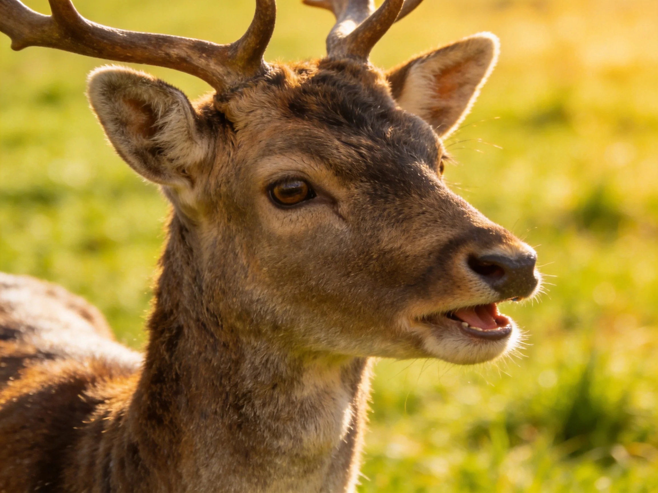 A brown deer with prominent antlers stands in a sunlit meadow.