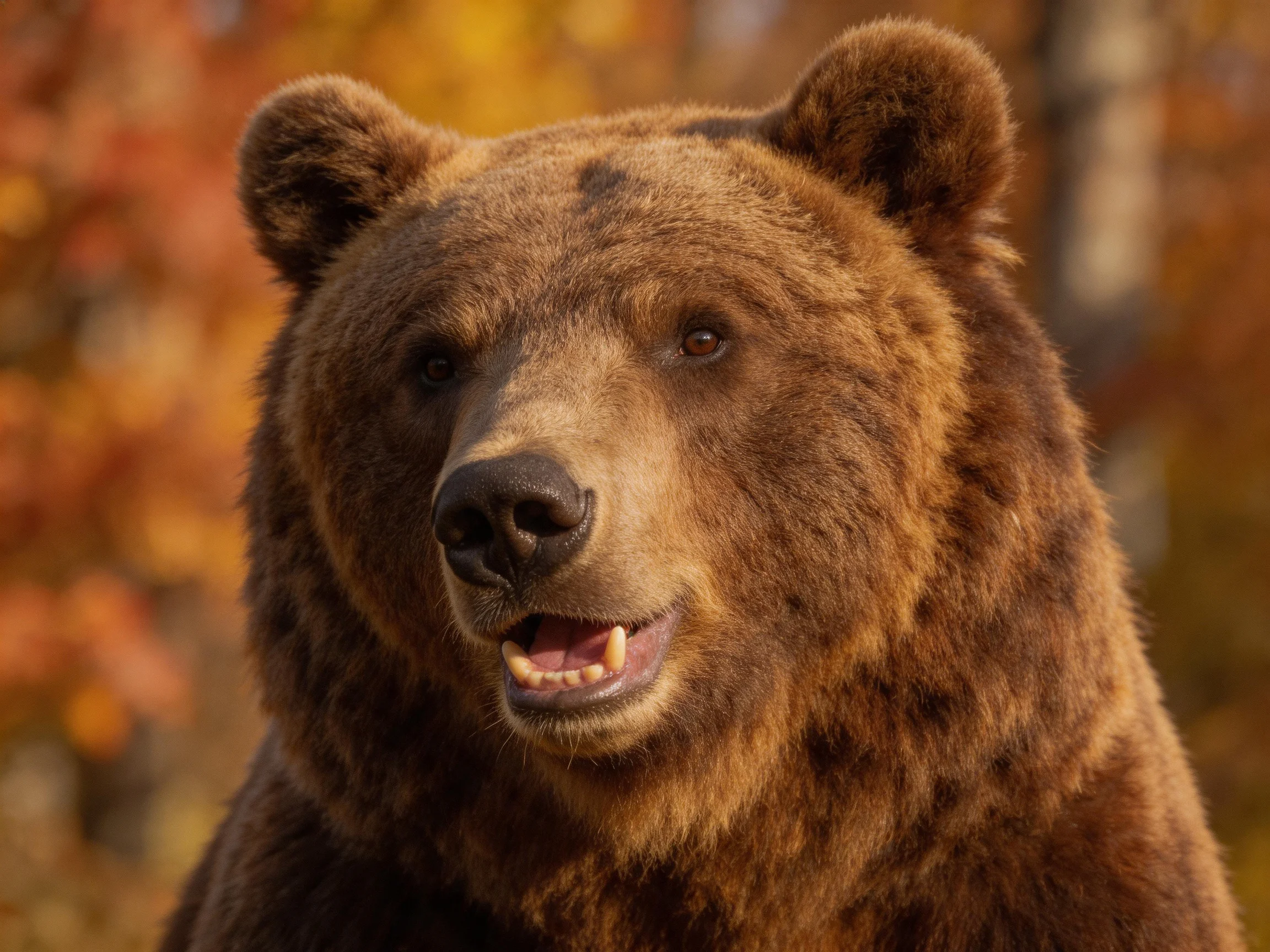 A close - up of a brown grizzly bear amidst autumn foliage