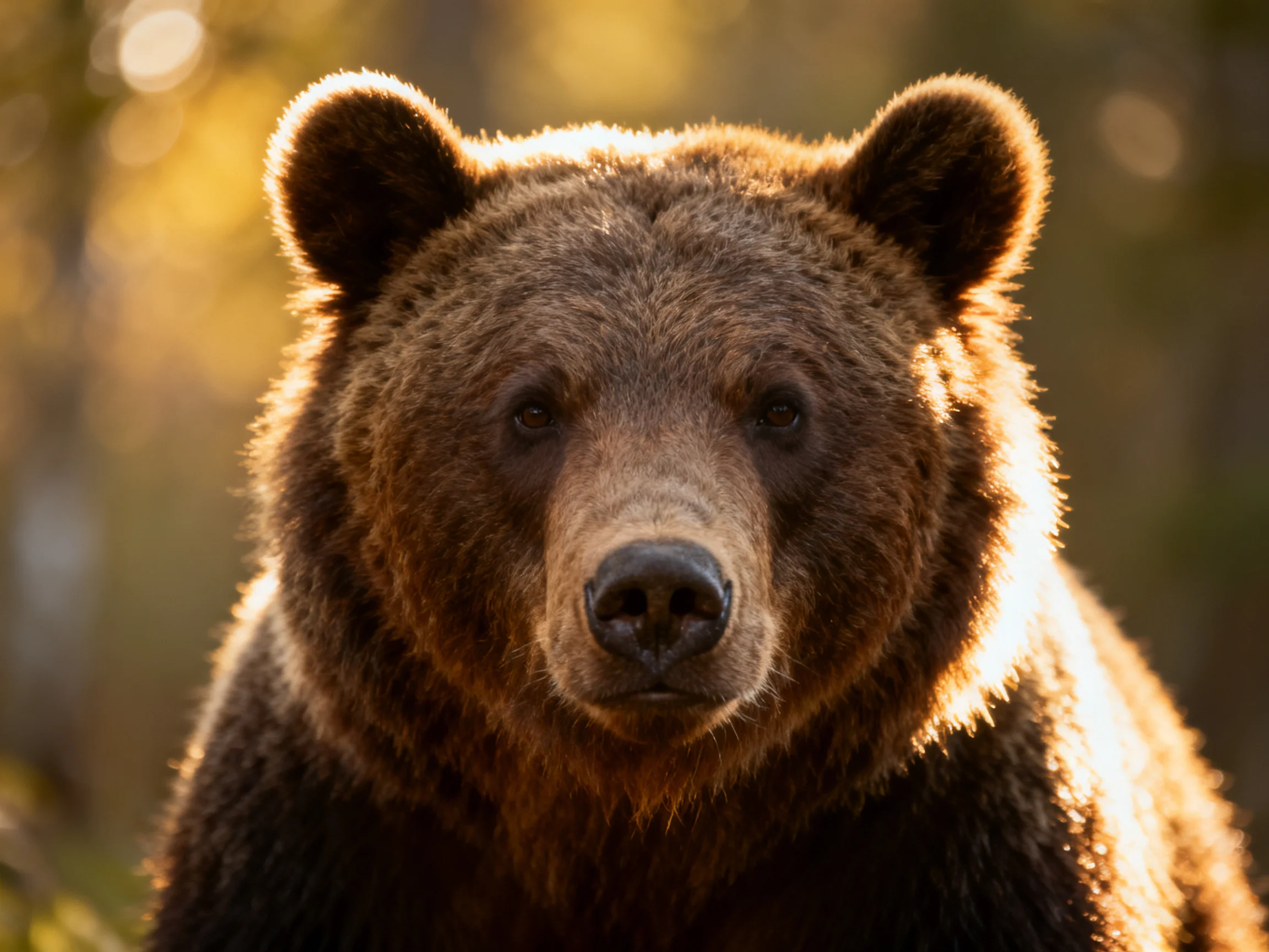 A brown grizzly bear is shown up close in a sunlit natural setting.