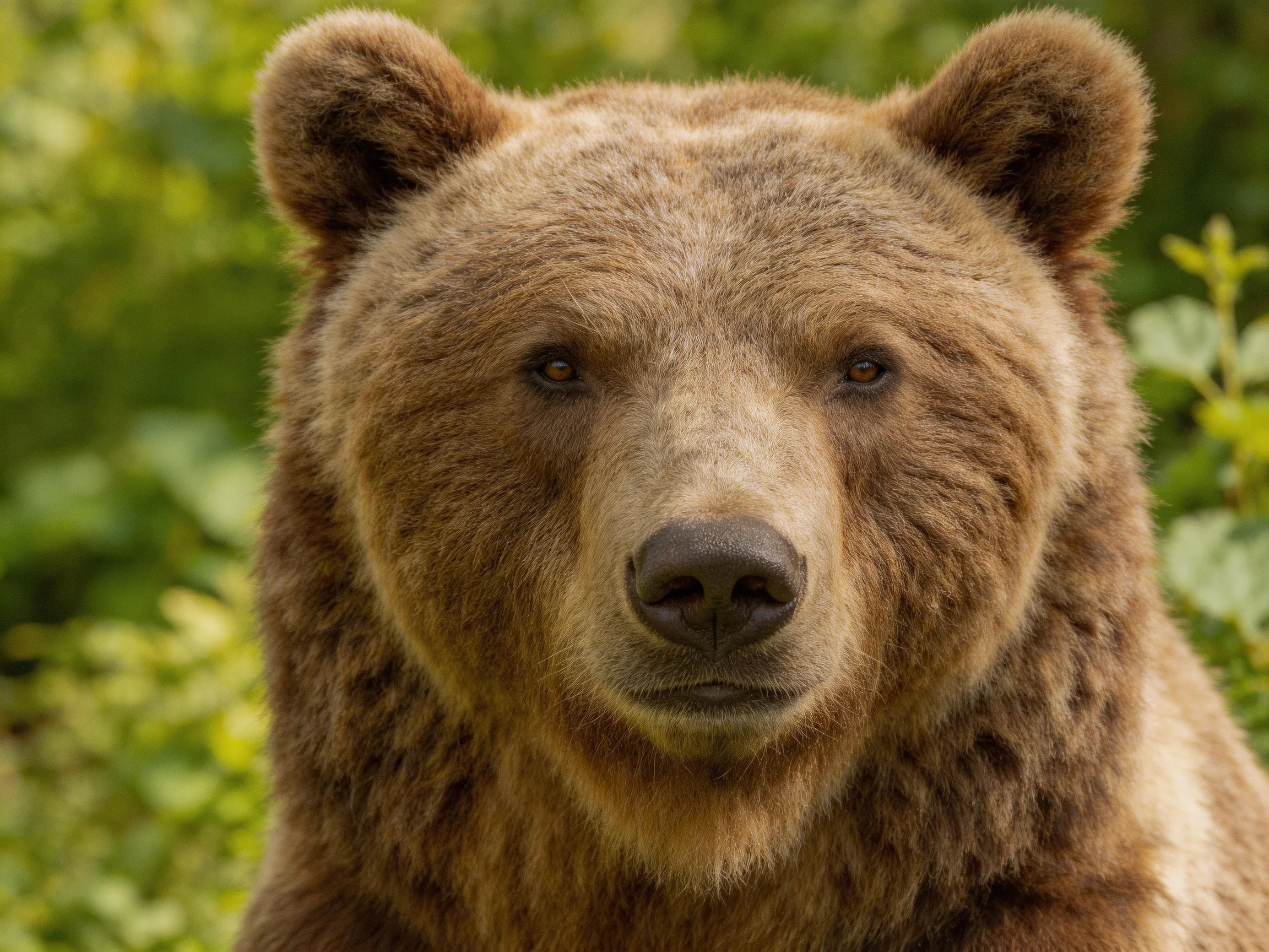 A close - up of a brown grizzly bear surrounded by lush green foliage