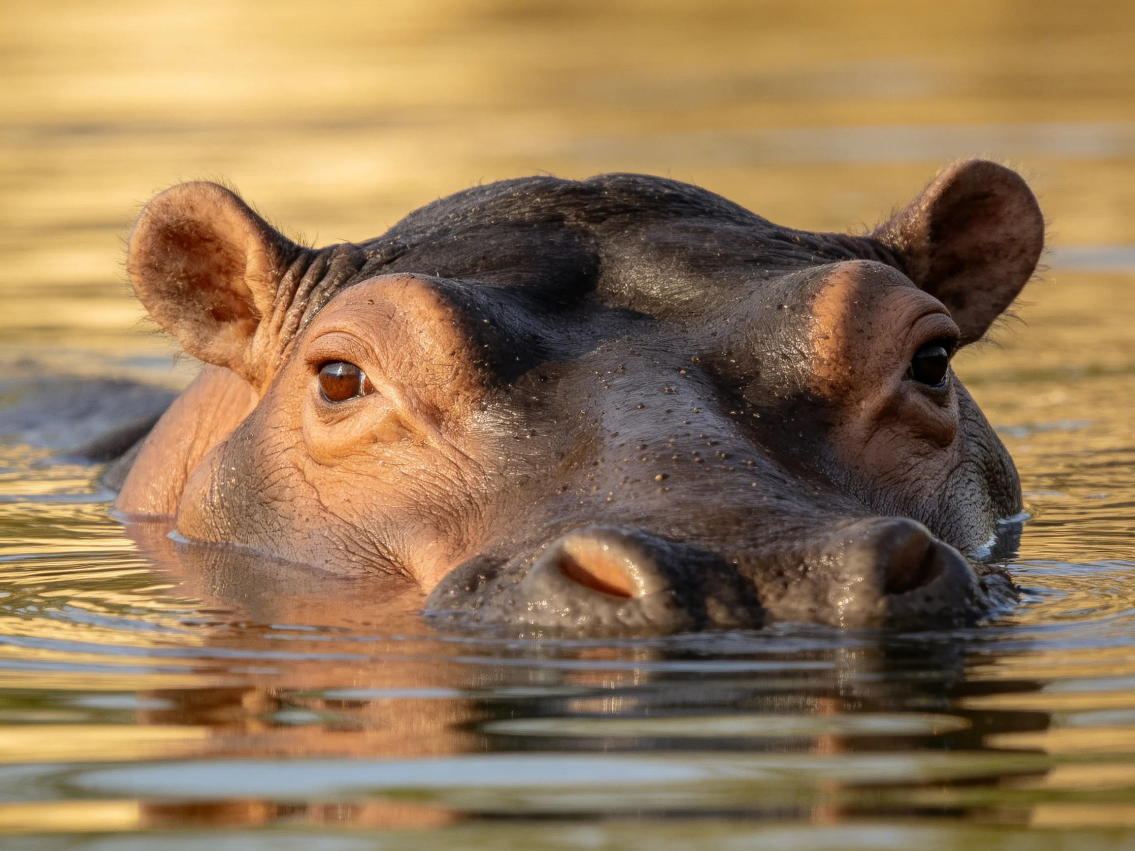A close - up of a brown hippopotamus partially submerged in golden water