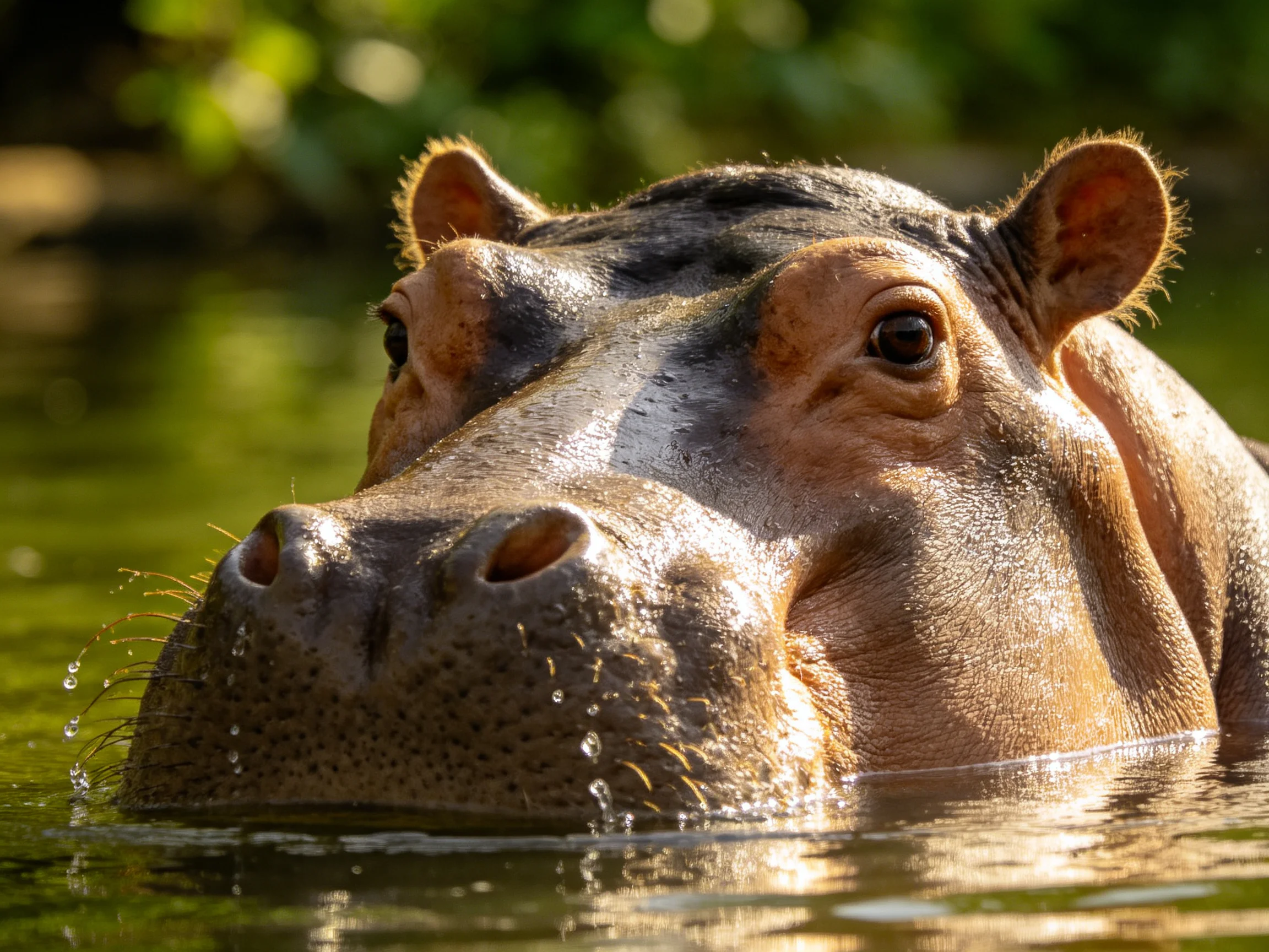A brown hippopotamus is partially submerged in greenish water.