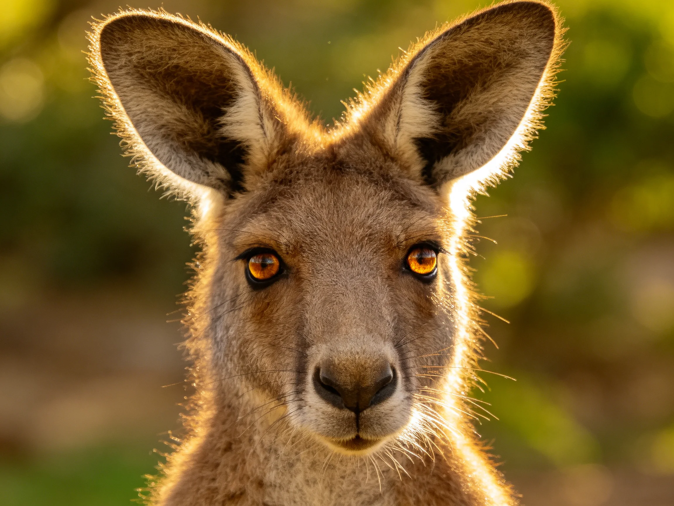 A close - up of a brown kangaroo with large ears and golden eyes is shown in natural light.