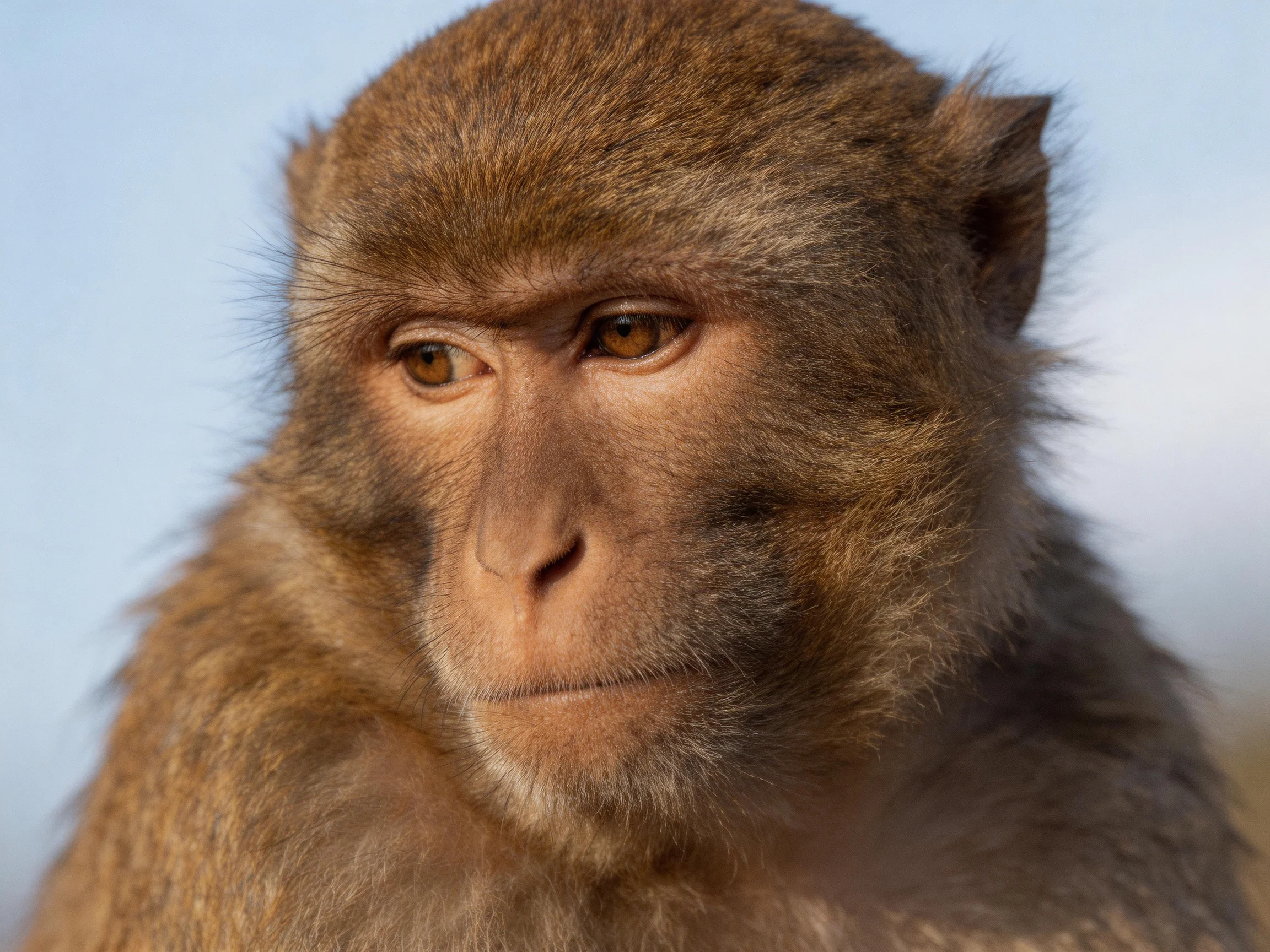 A close - up of a brown monkey with textured fur against a soft blue sky