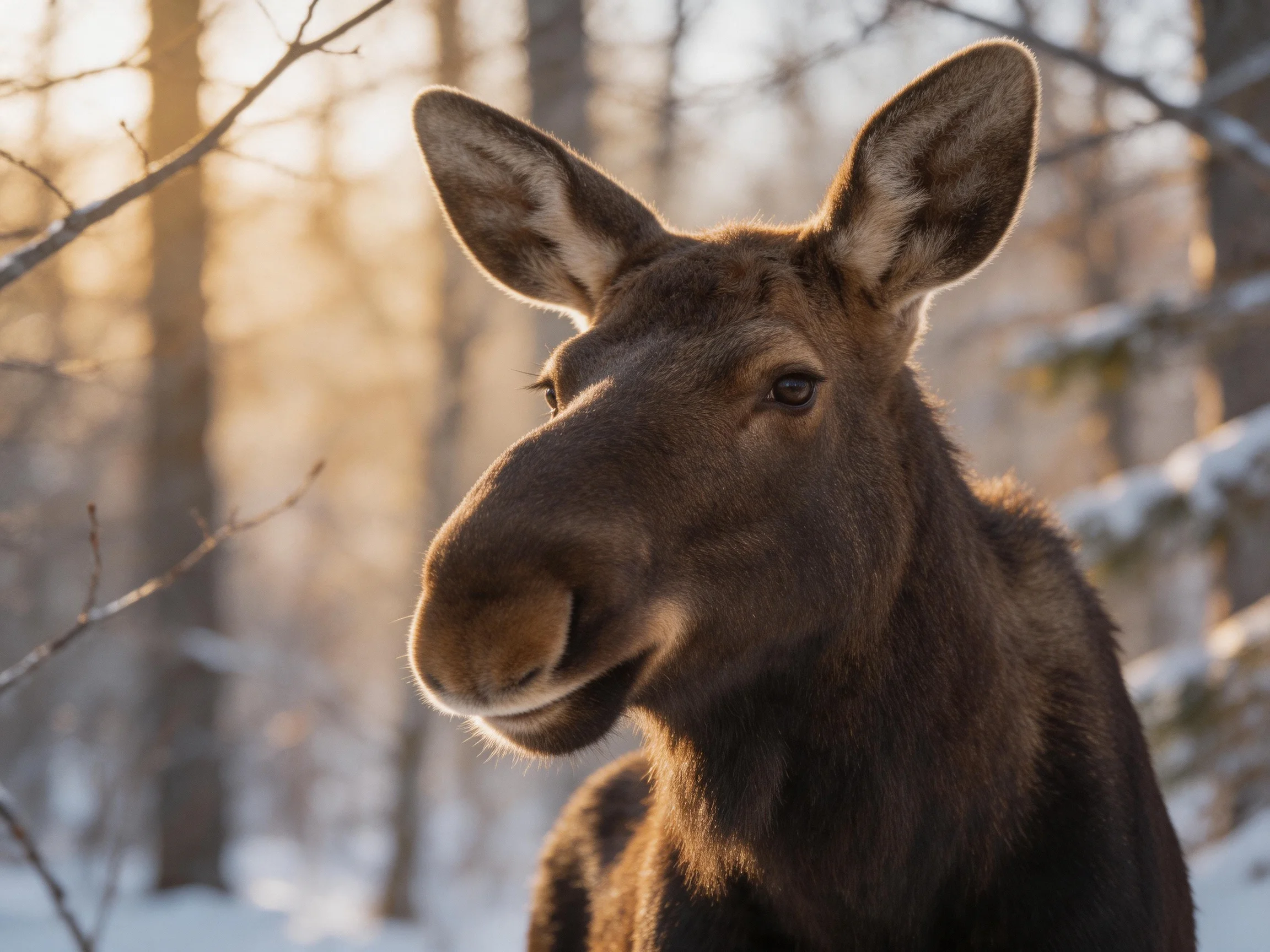 A brown moose stands in a snowy forest under golden sunlight.