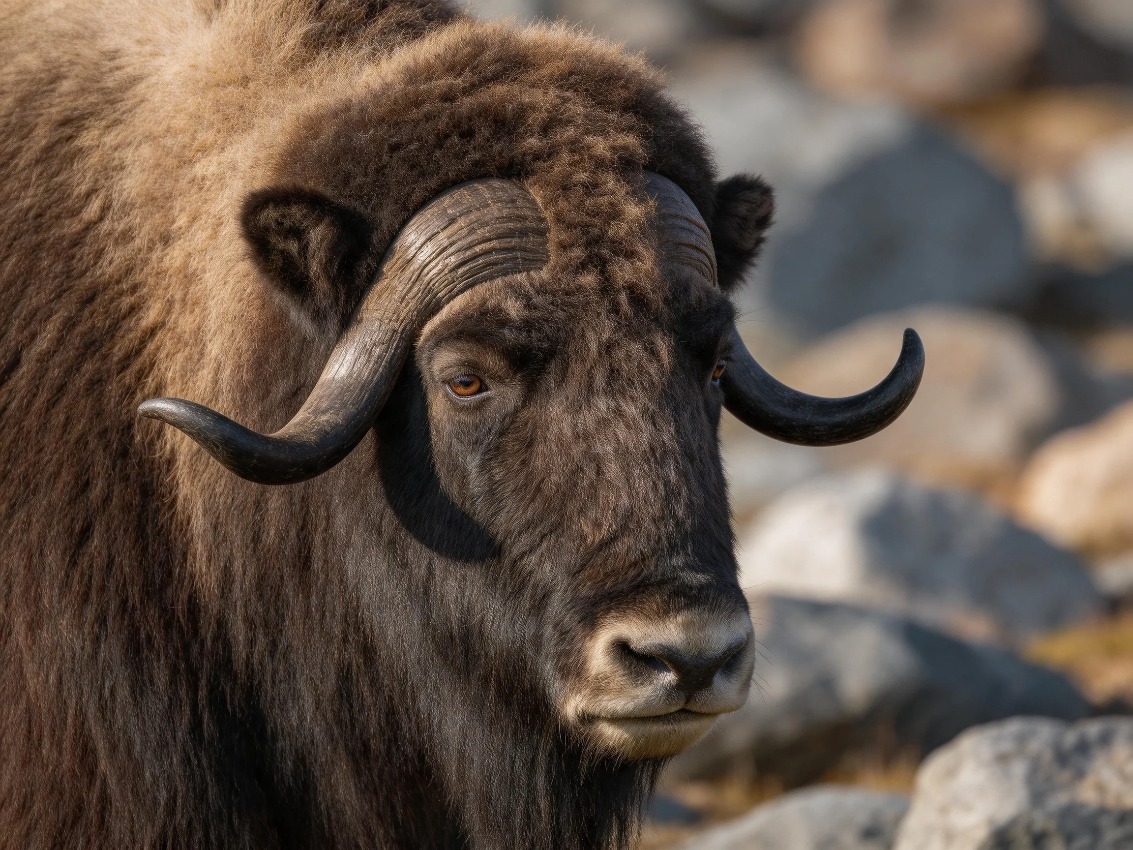 A close - up of a brown musk ox with large curved horns beside rocks