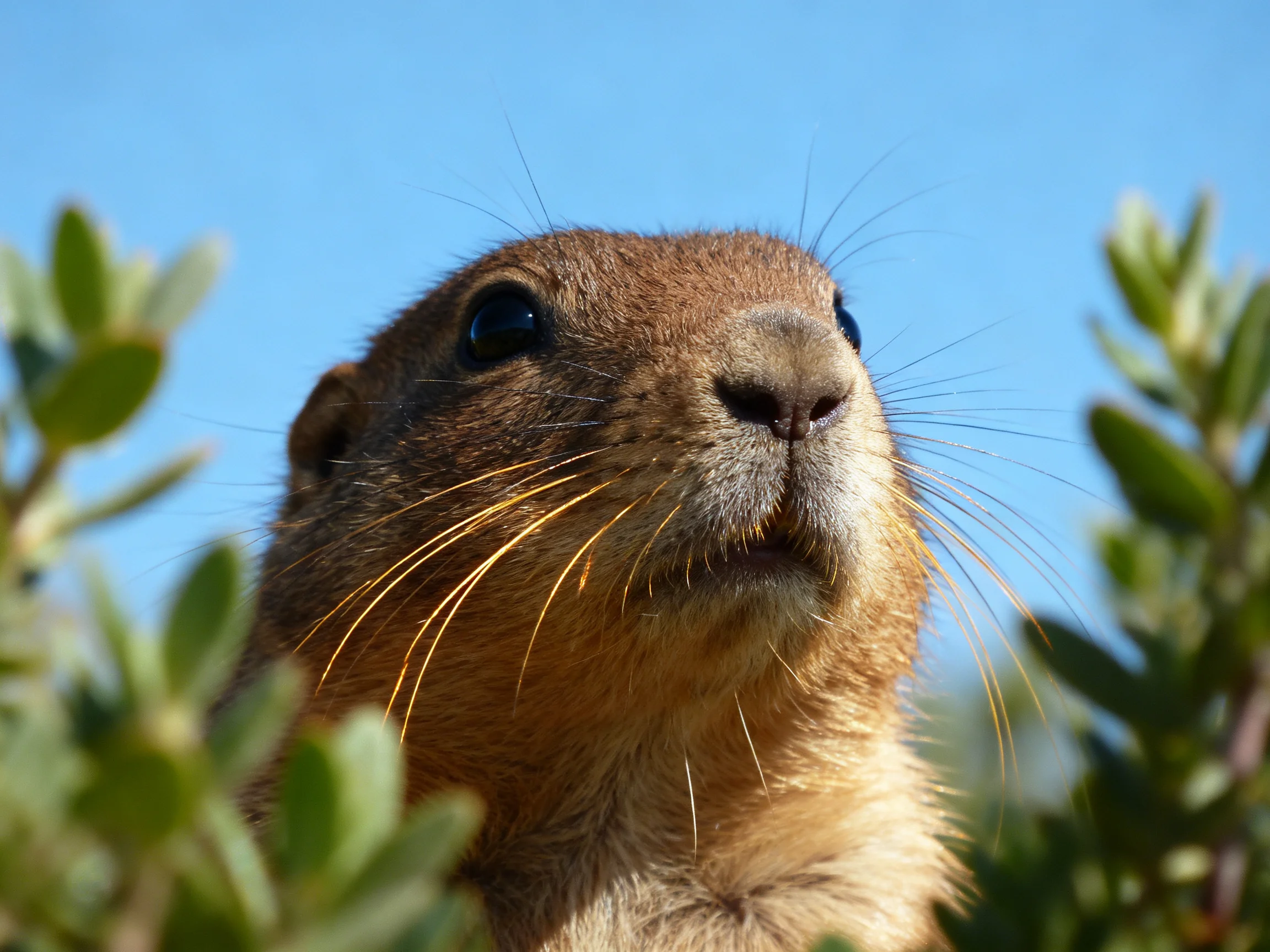 A close - up of a brown prairie dog among green foliage under bright blue sky