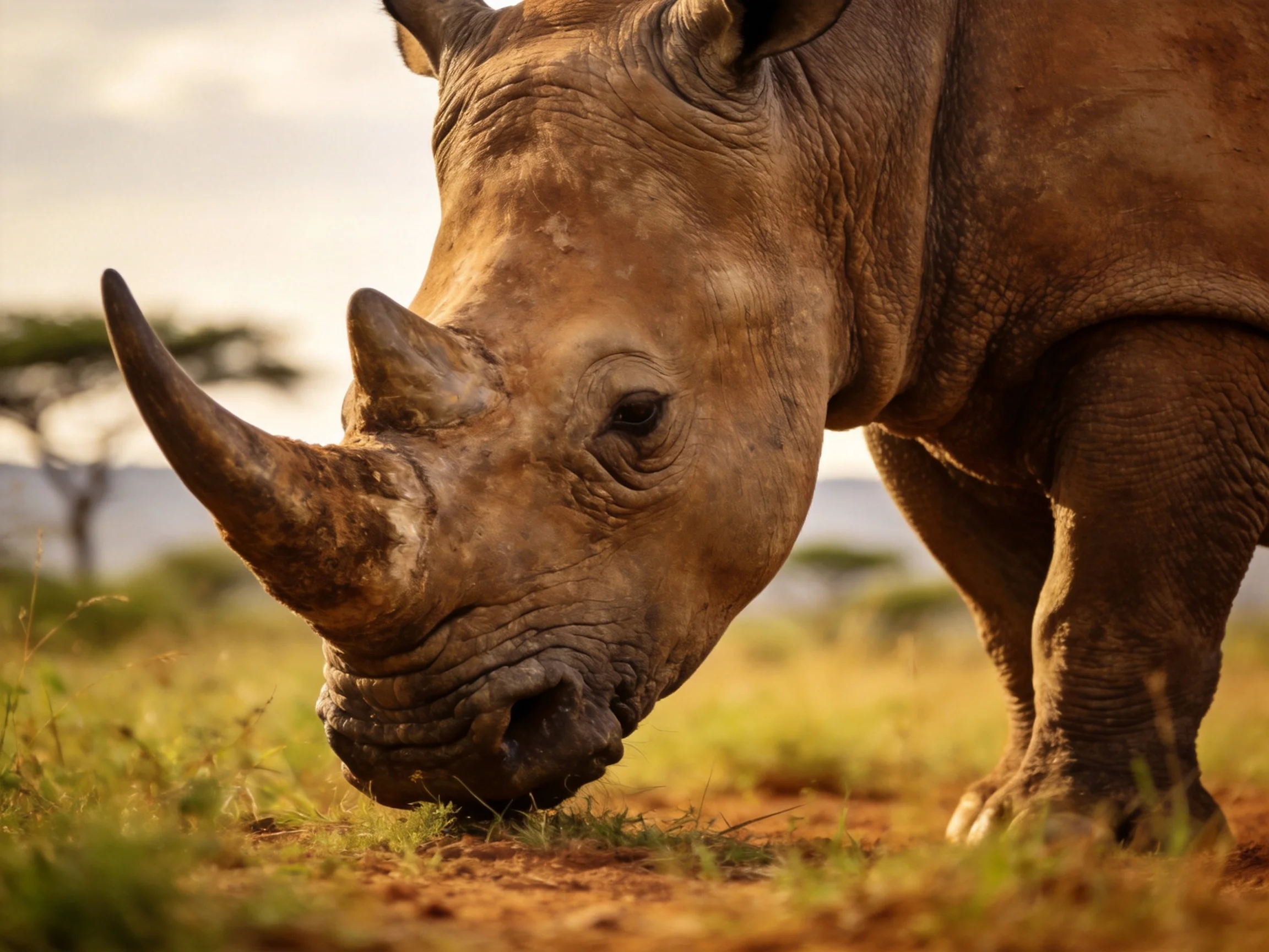 A close-up of a brown rhinoceros grazing in a sunlit savannah