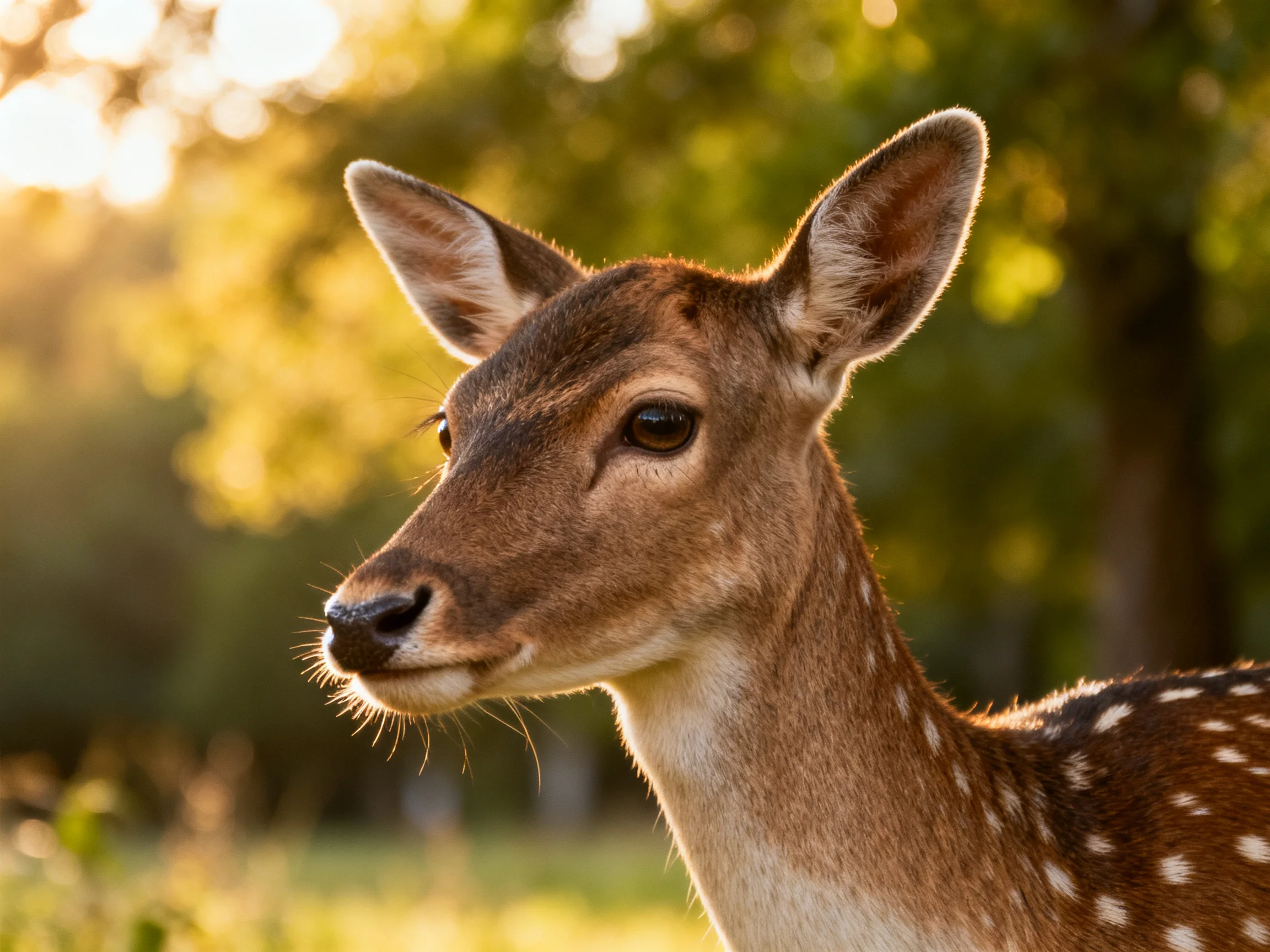 A close - up of a brown - spotted deer in a sunlit forest setting.