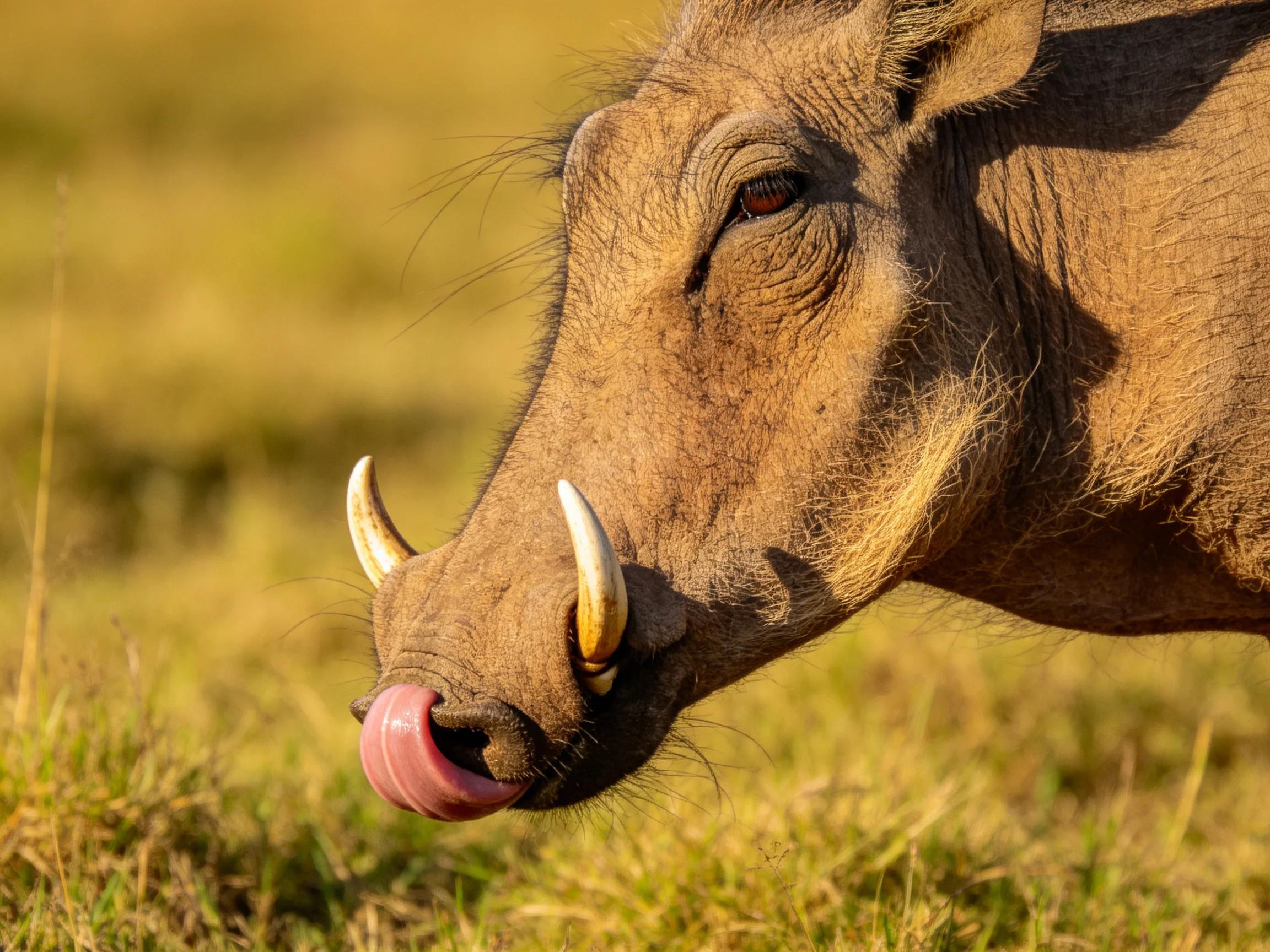 A close-up of a brown warthog with curved tusks in a grassy savannah