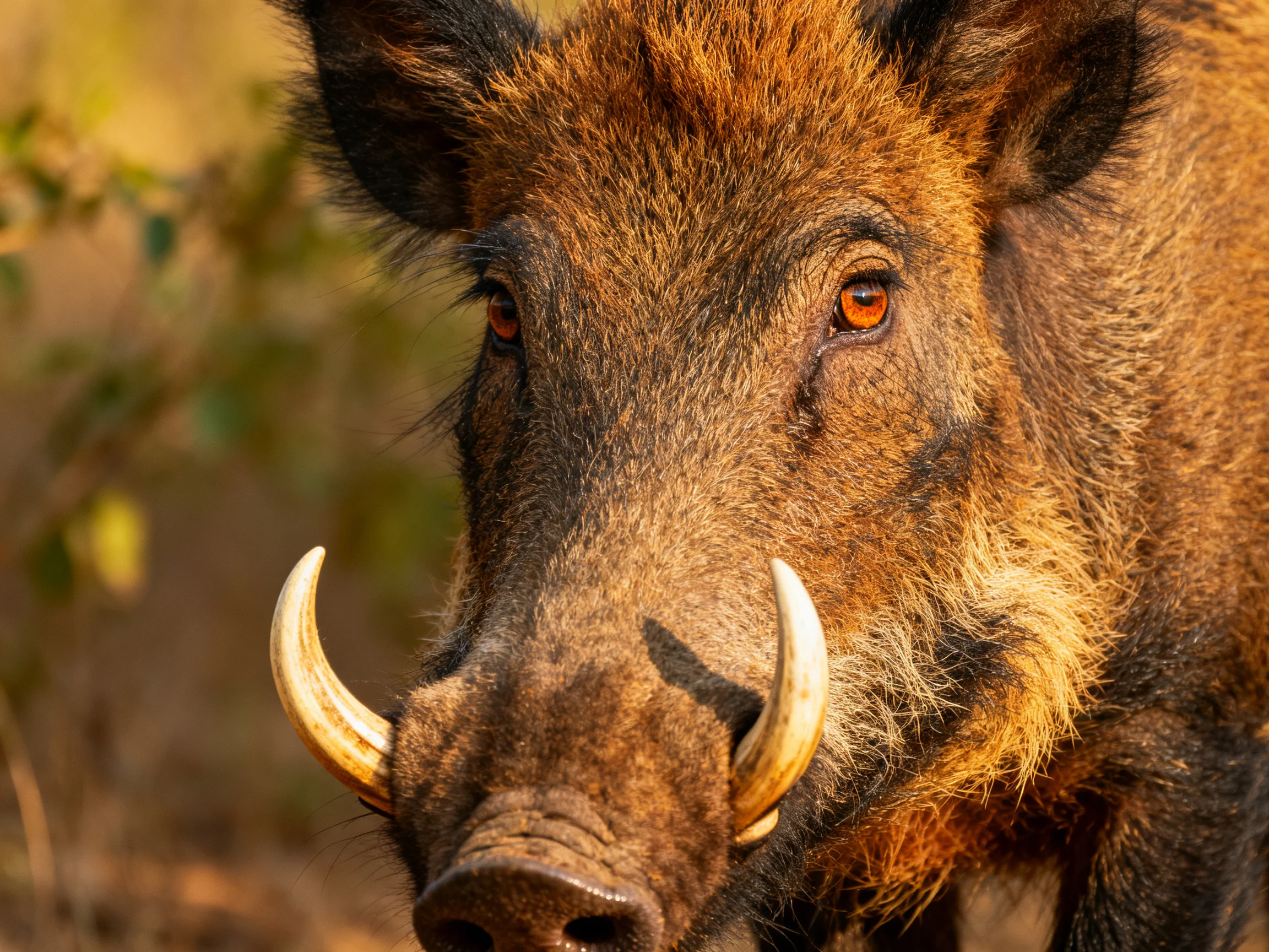 A close - up of a brown wild boar with prominent ivory tusks