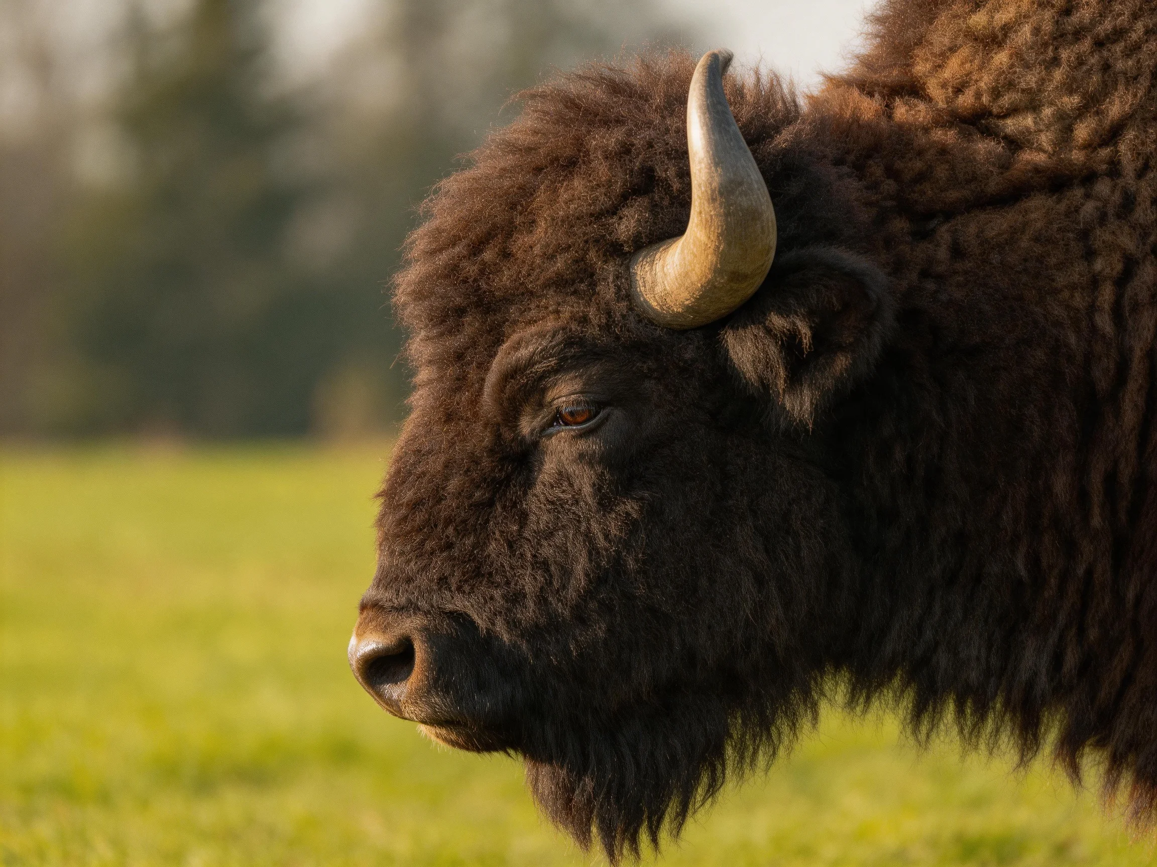 A close - up of a dark brown bison with curved horns in a green field