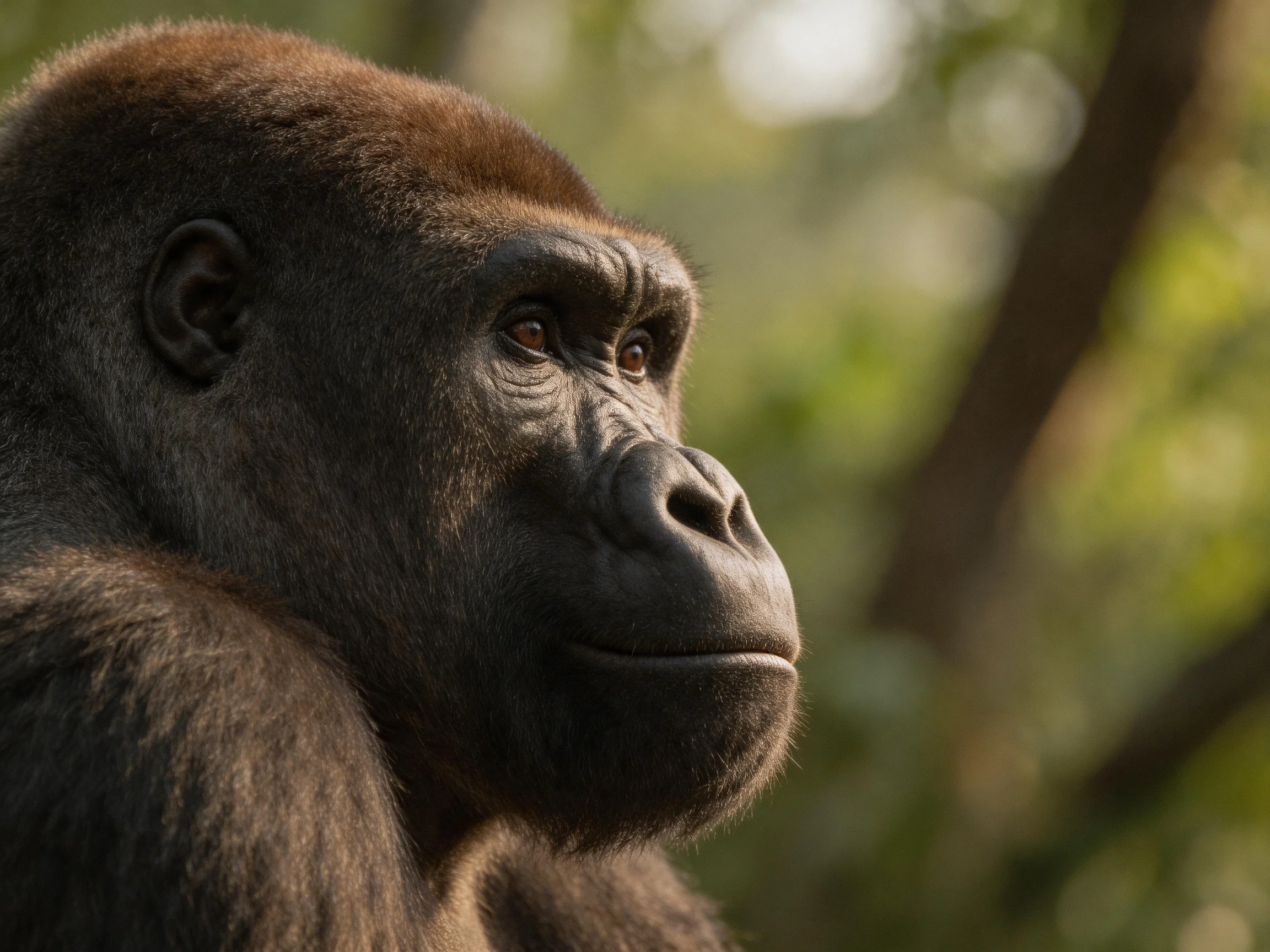 A close - up of a dark brown gorilla in a lush forest setting