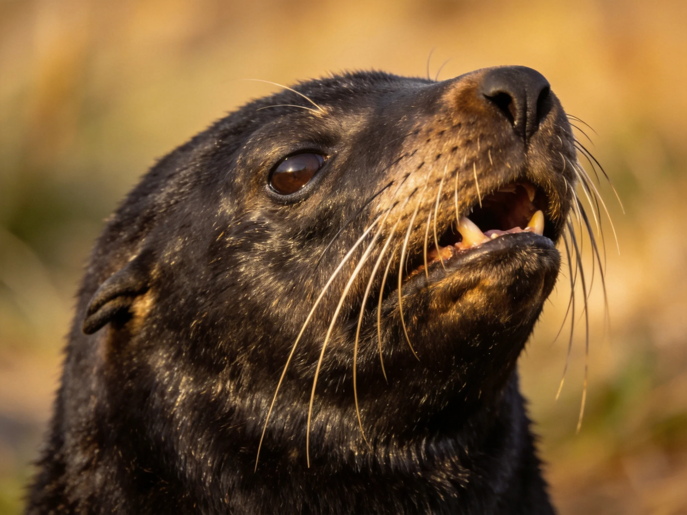 A close - up of a dark - coated sea lion with prominent whiskers and open mouth