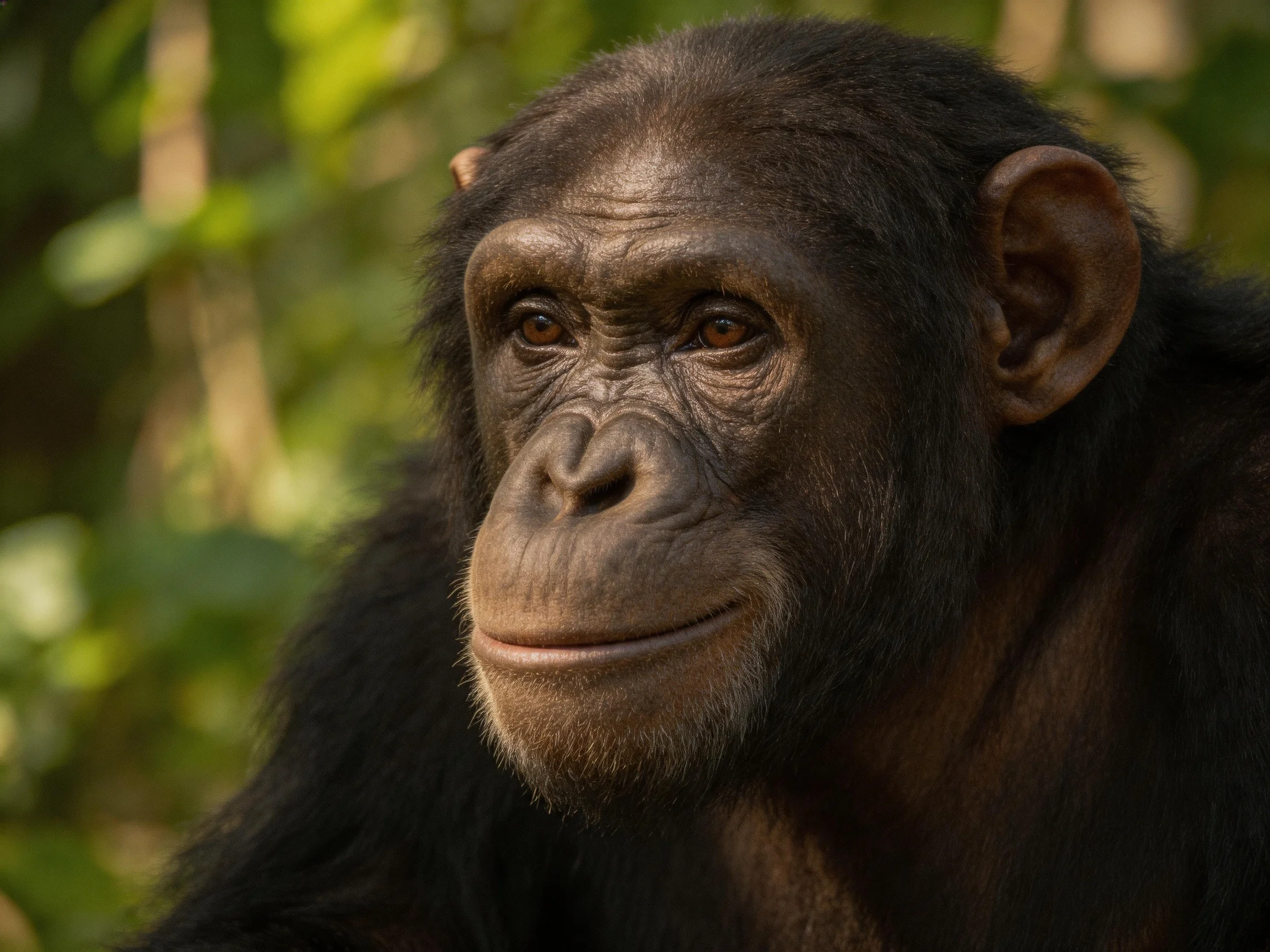 A dark - furred chimpanzee is depicted in a verdant forest environment.
