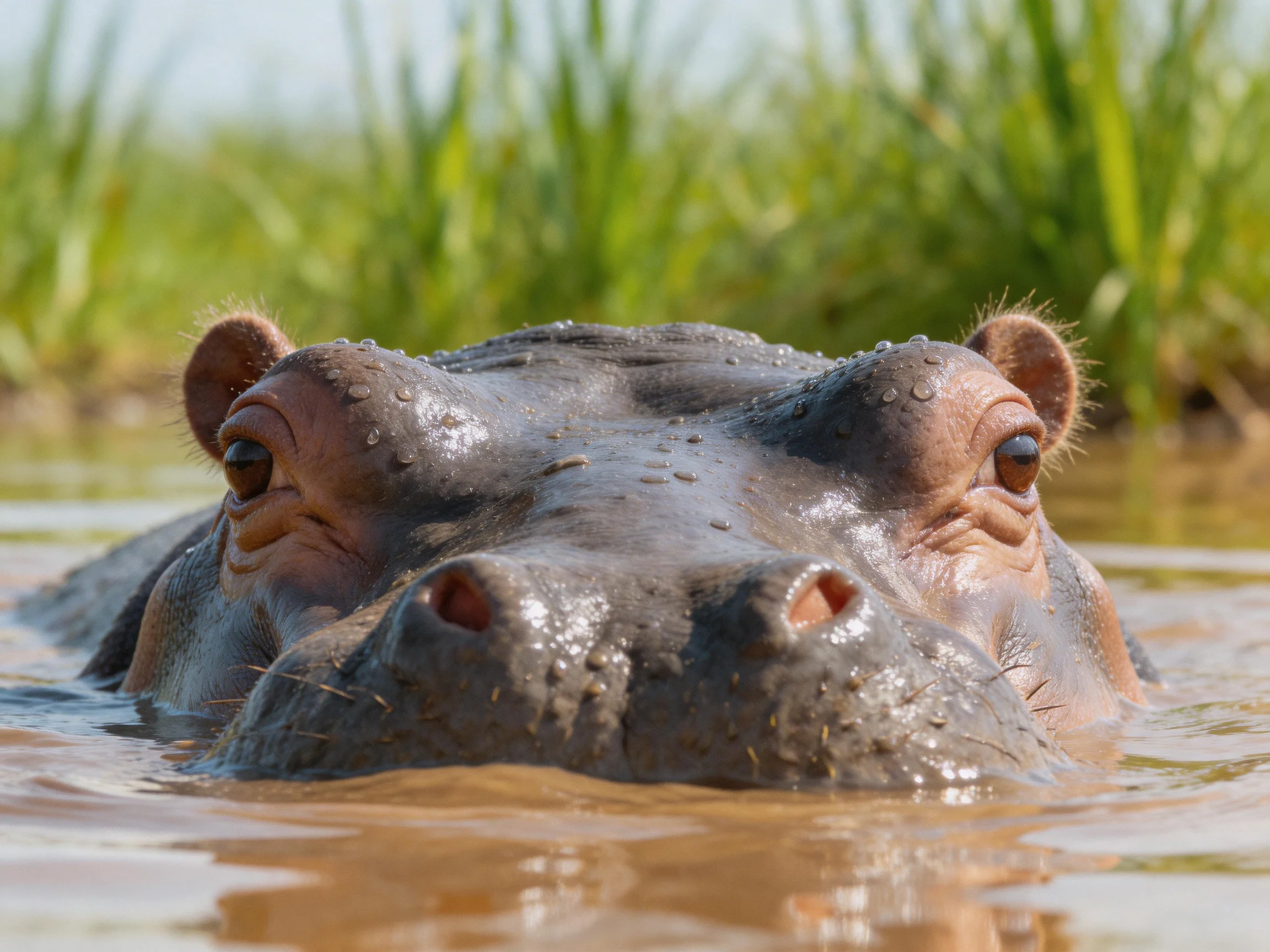 A hippopotamus is partially submerged in brownish water near green vegetation.