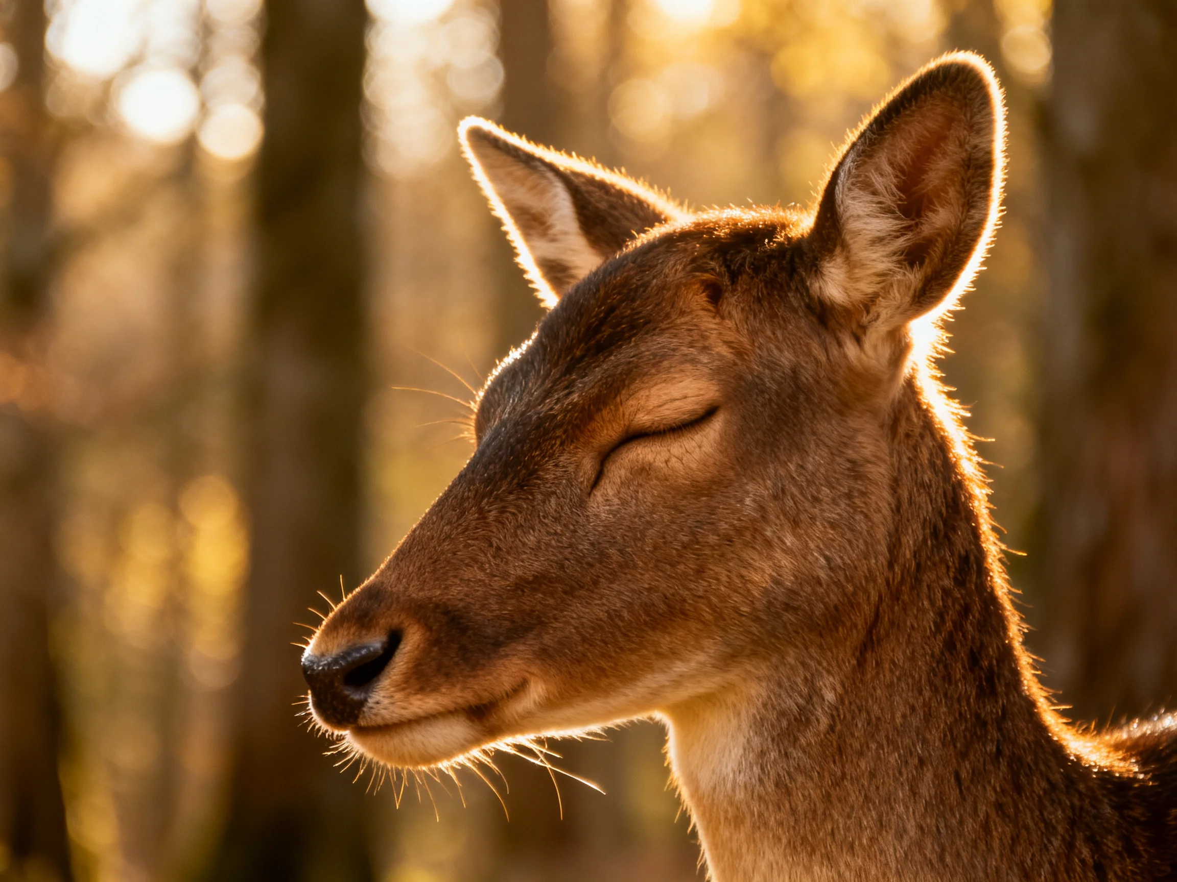 A close - up of a deer with closed eyes in a sunlit forest