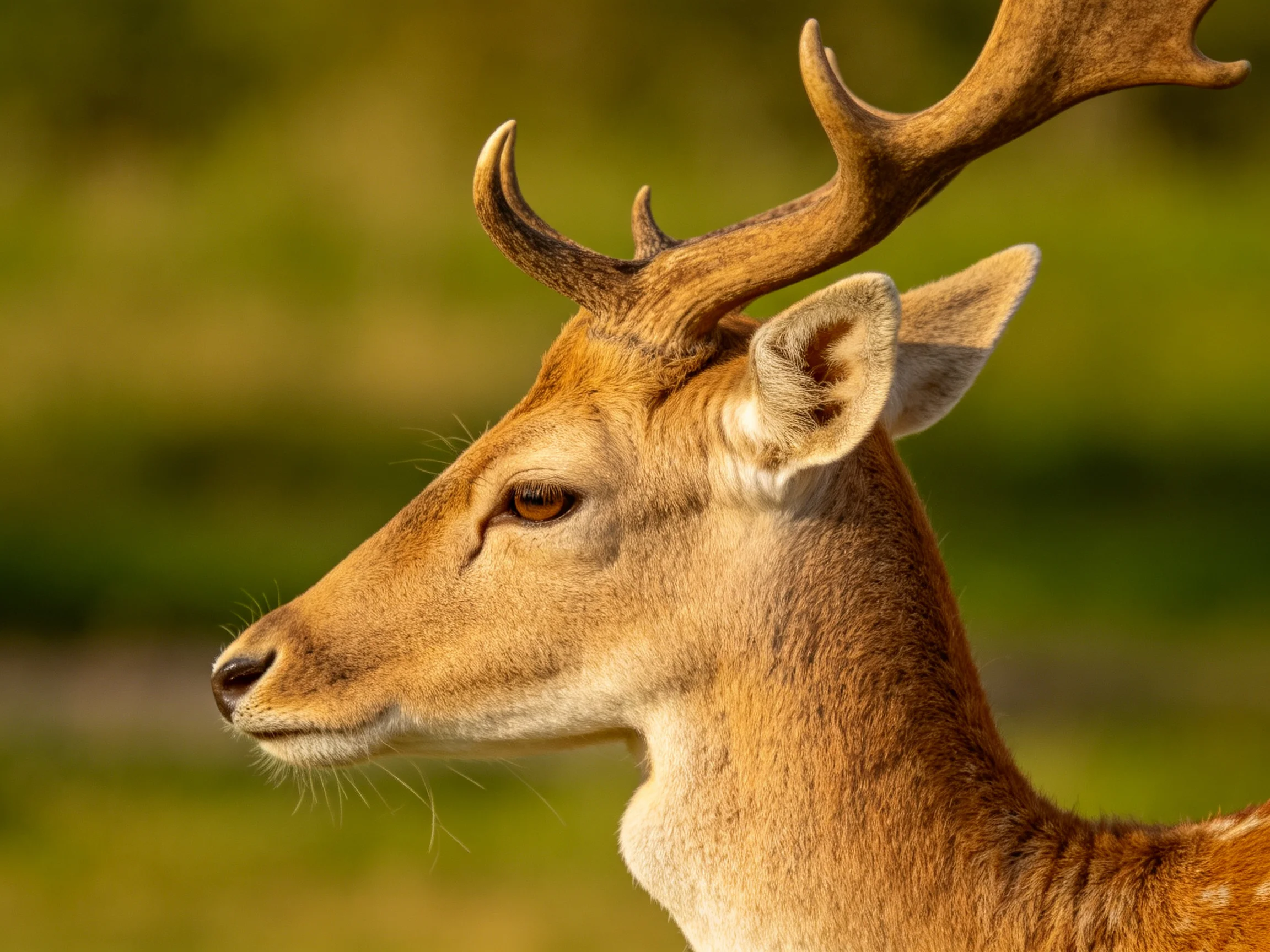 A close - up of a deer with large antlers in a sunlit natural setting