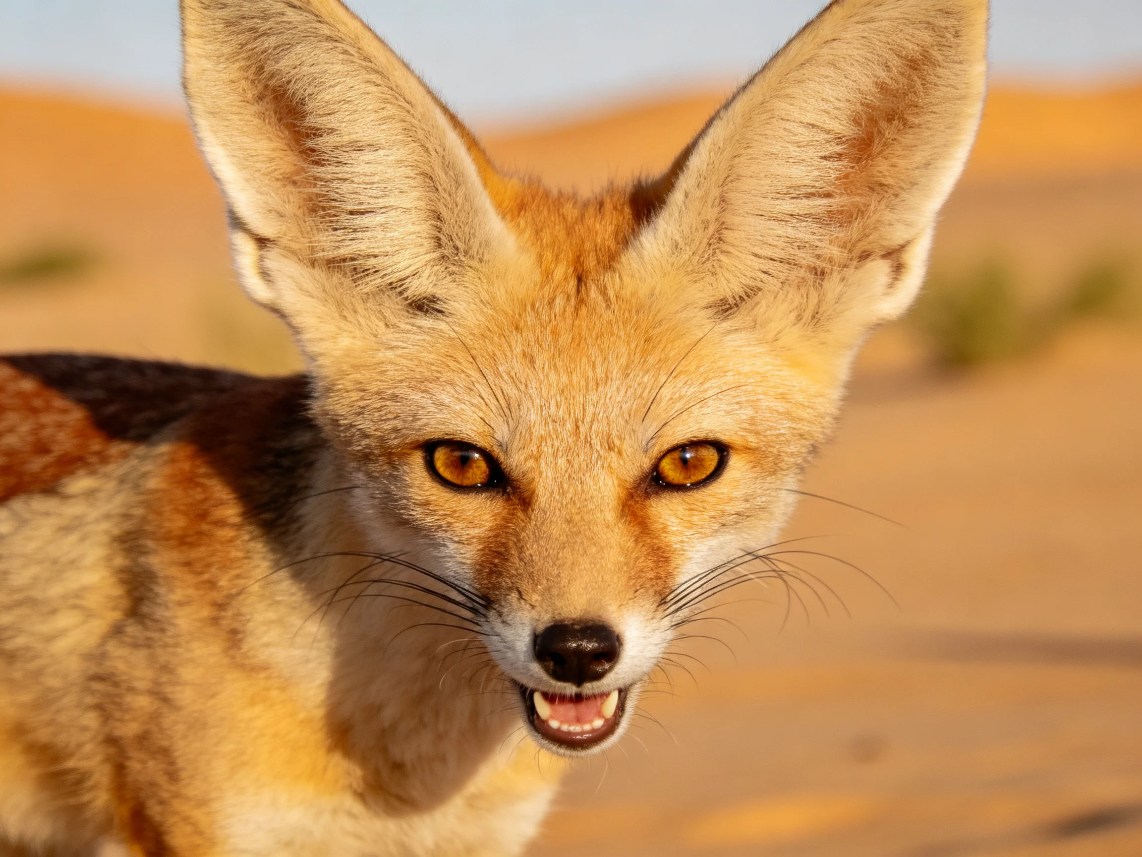 A close - up of a fennec fox with large ears in golden sand