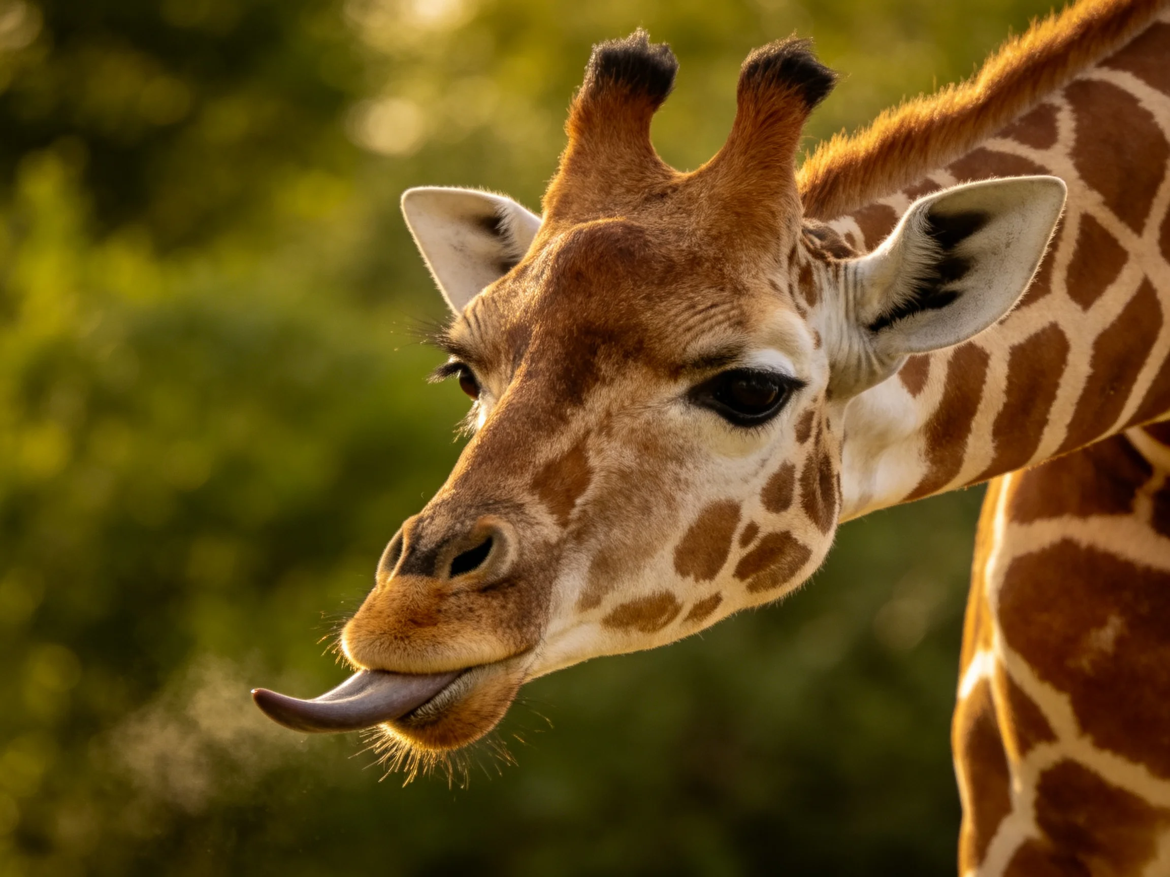 A close - up of a giraffe sticking out its tongue amid lush green foliage