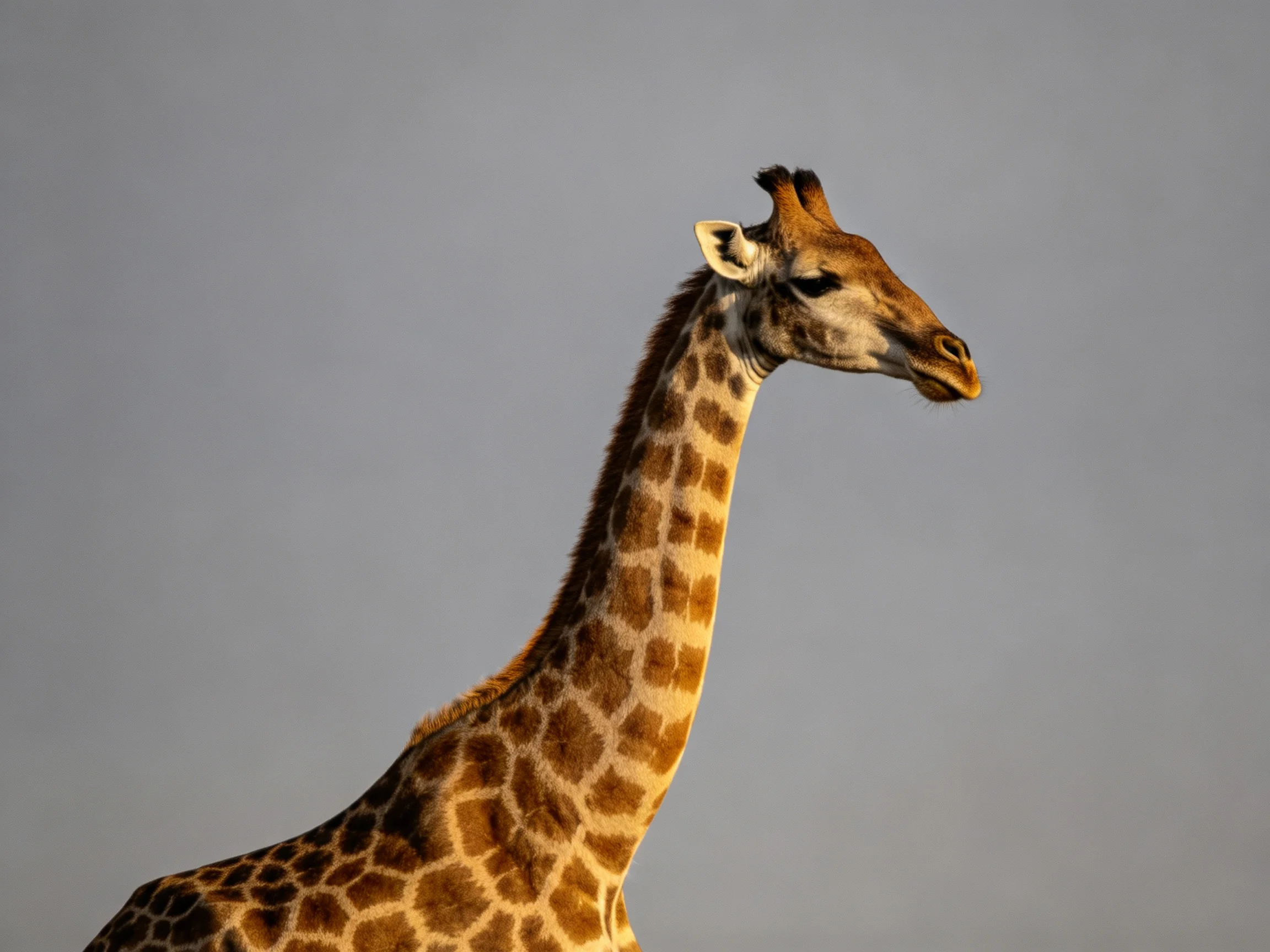 A giraffe with distinct brown and cream patch patterns stands before a plain gray sky.