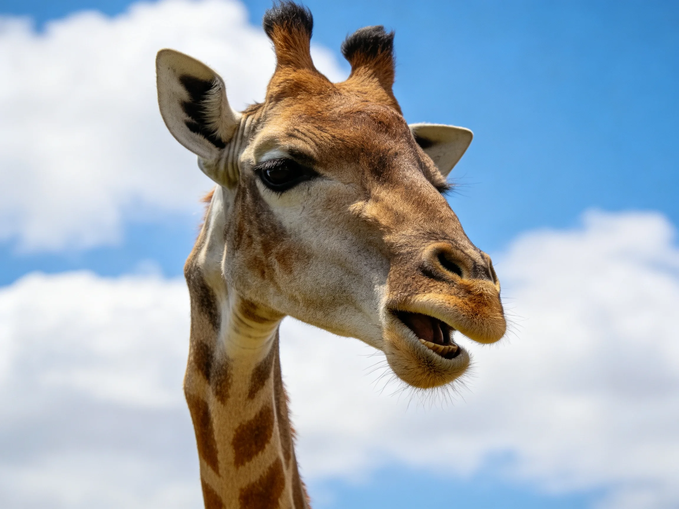 A giraffe with brown and tan markings stands near a bright blue sky with clouds.
