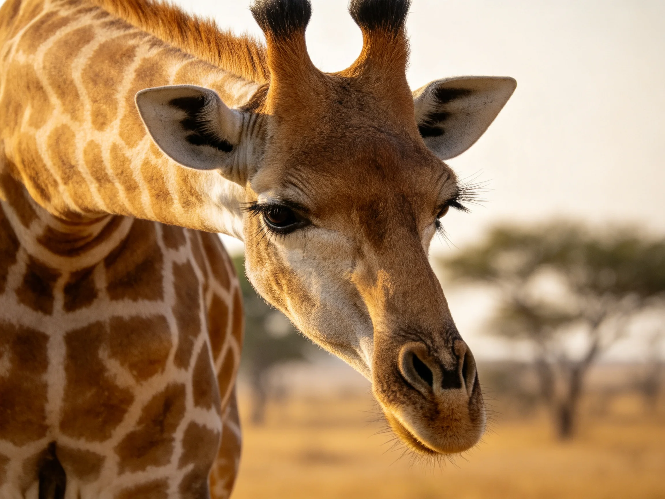 A close - up of a giraffe with brown and white patches in a savannah landscape