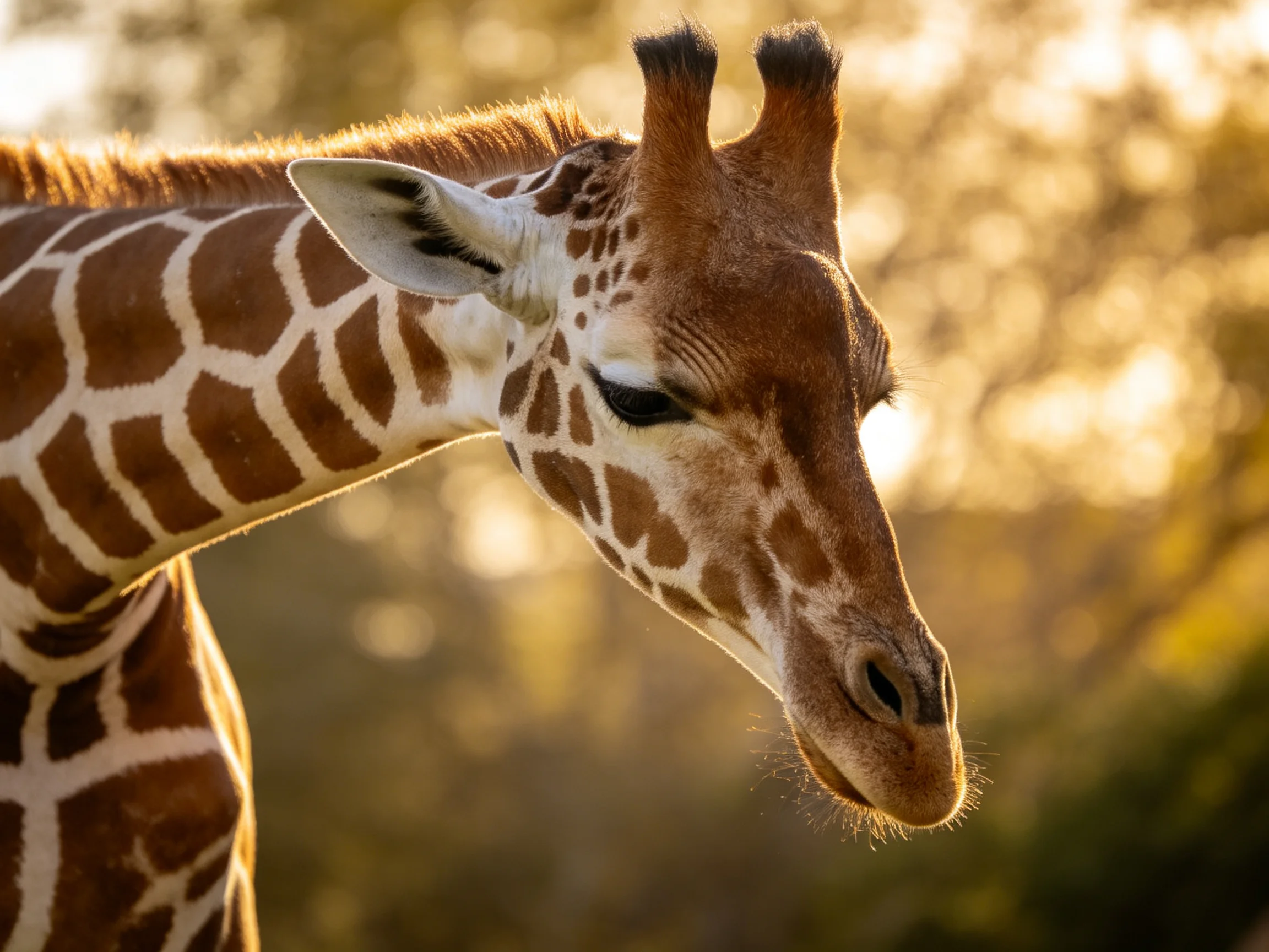 A giraffe with brown and white patterned skin is shown in golden light.