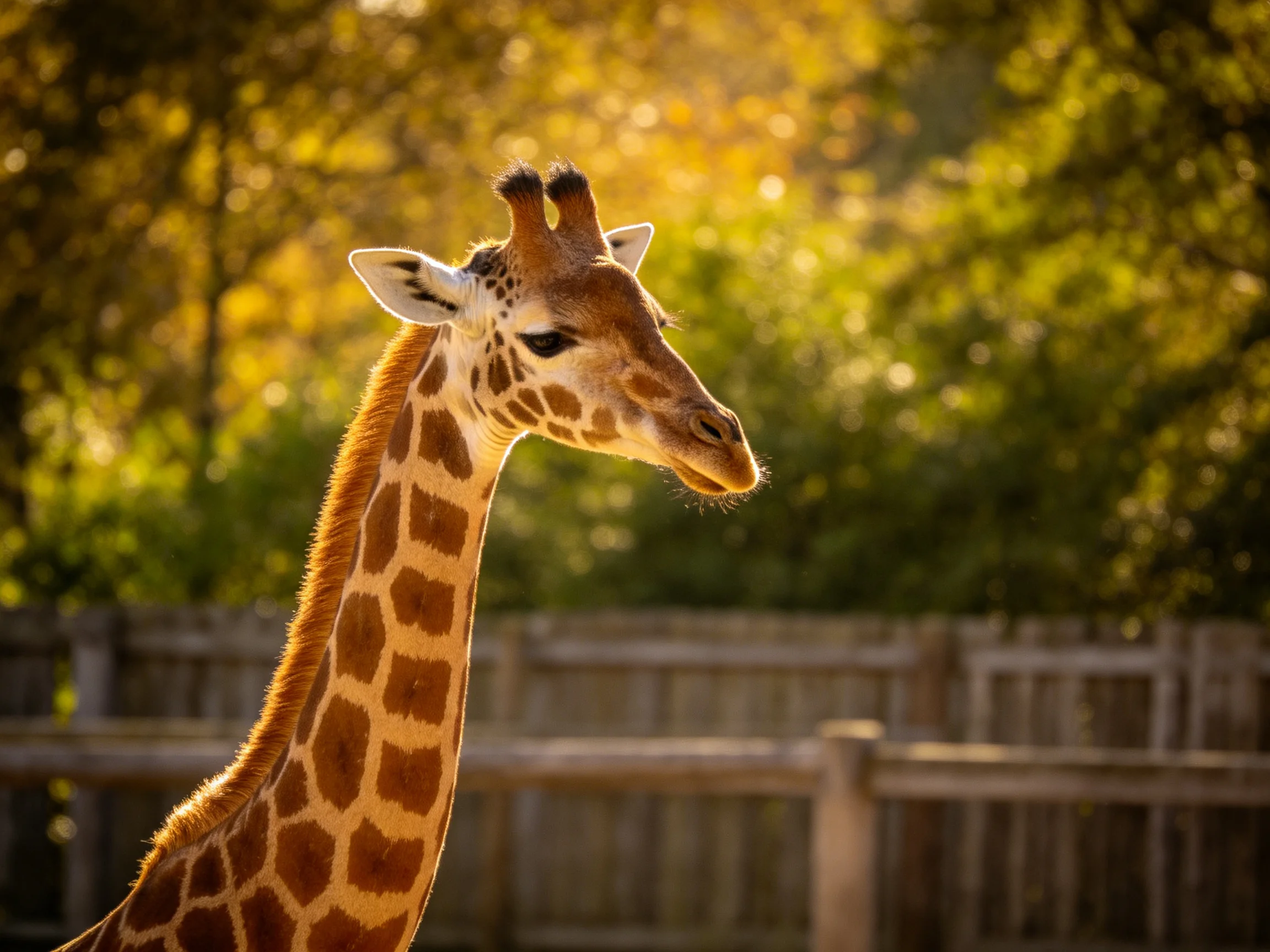 A giraffe with brown and white patchwork stands beside a wooden fence in a sunlit area.