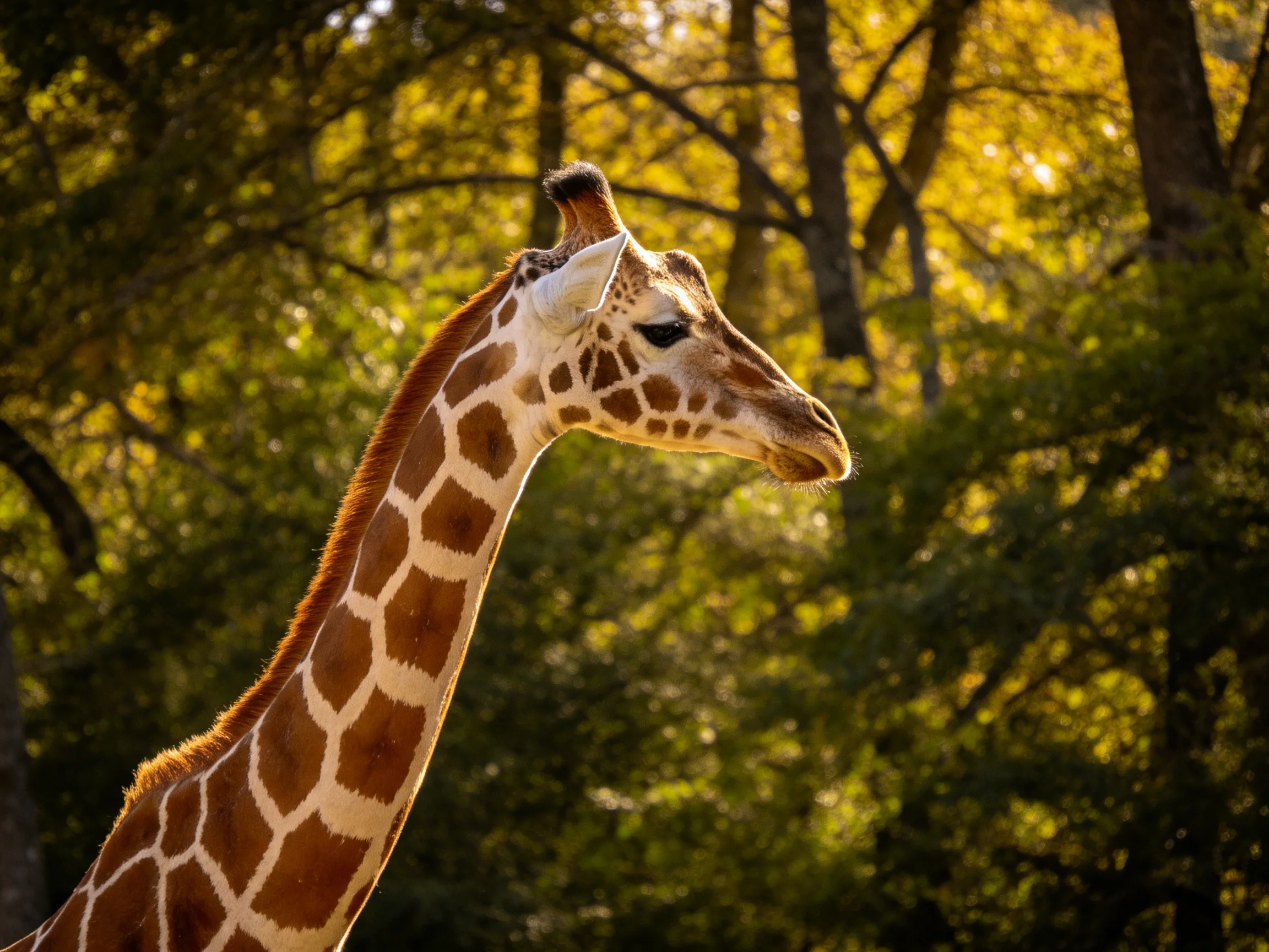 A giraffe with brown and white patches stands near sunlit green trees.