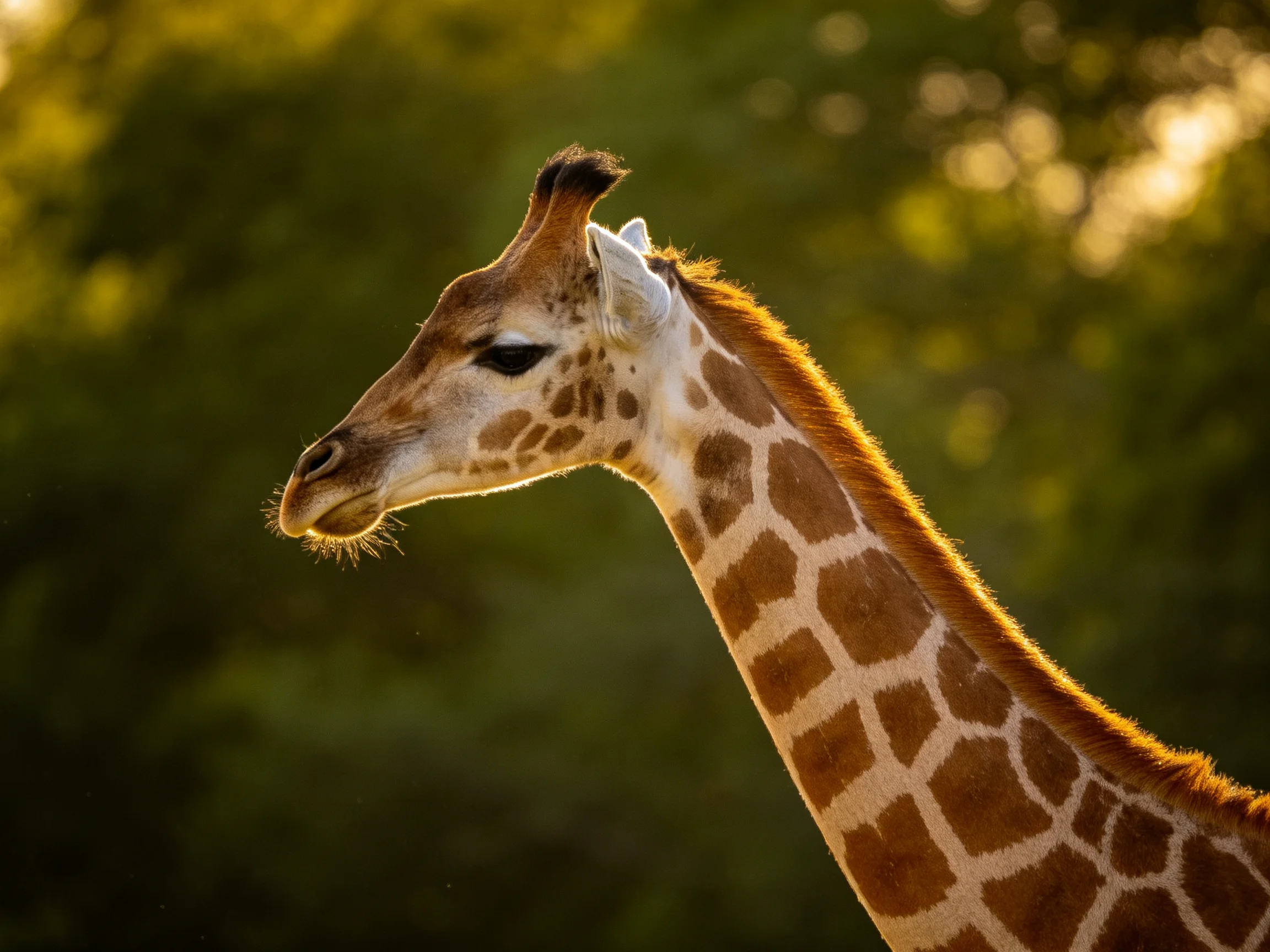 A close-up of a giraffe with brown and white patterns near green foliage