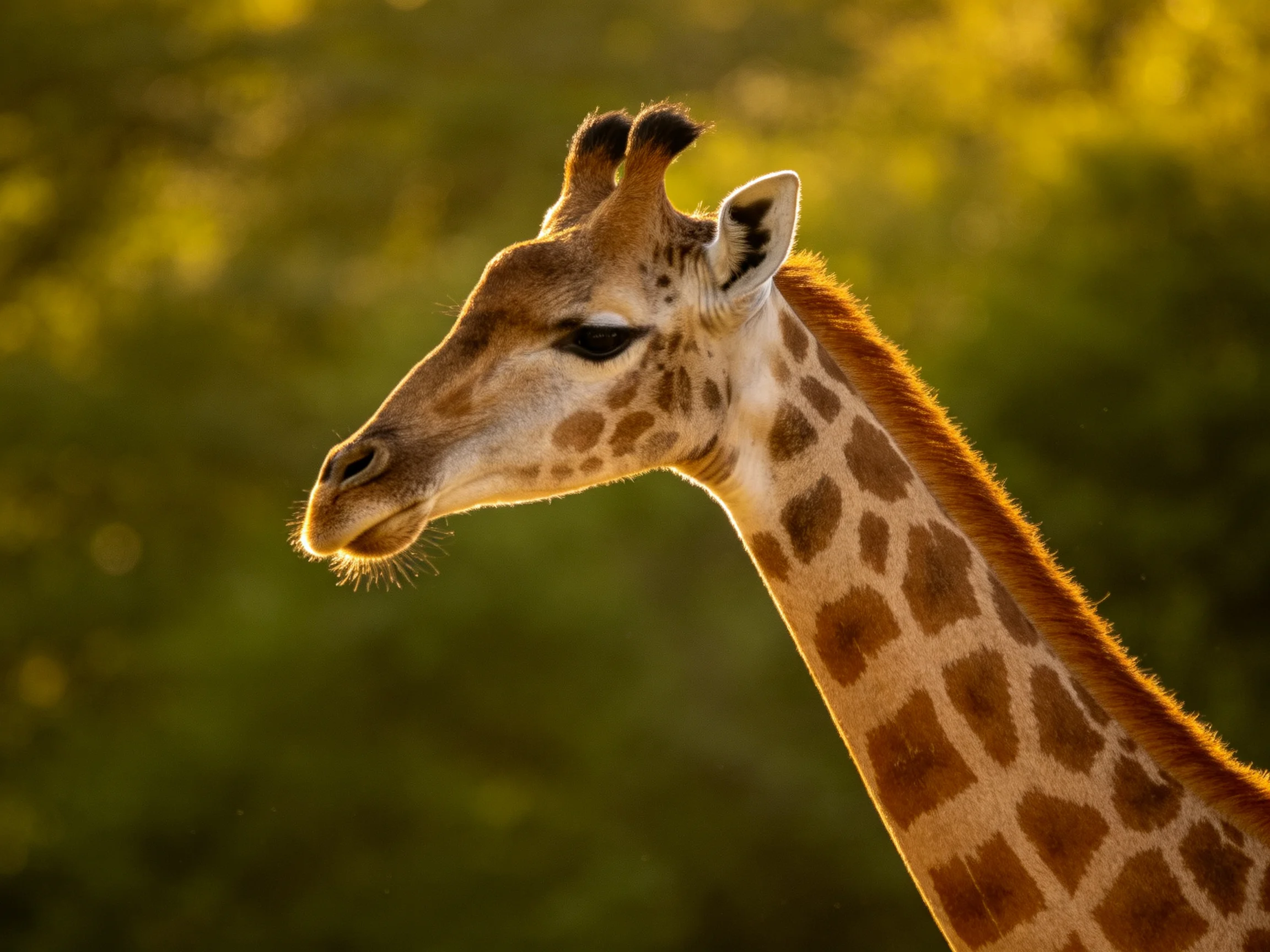 A close-up of a giraffe with brown patches against golden foliage