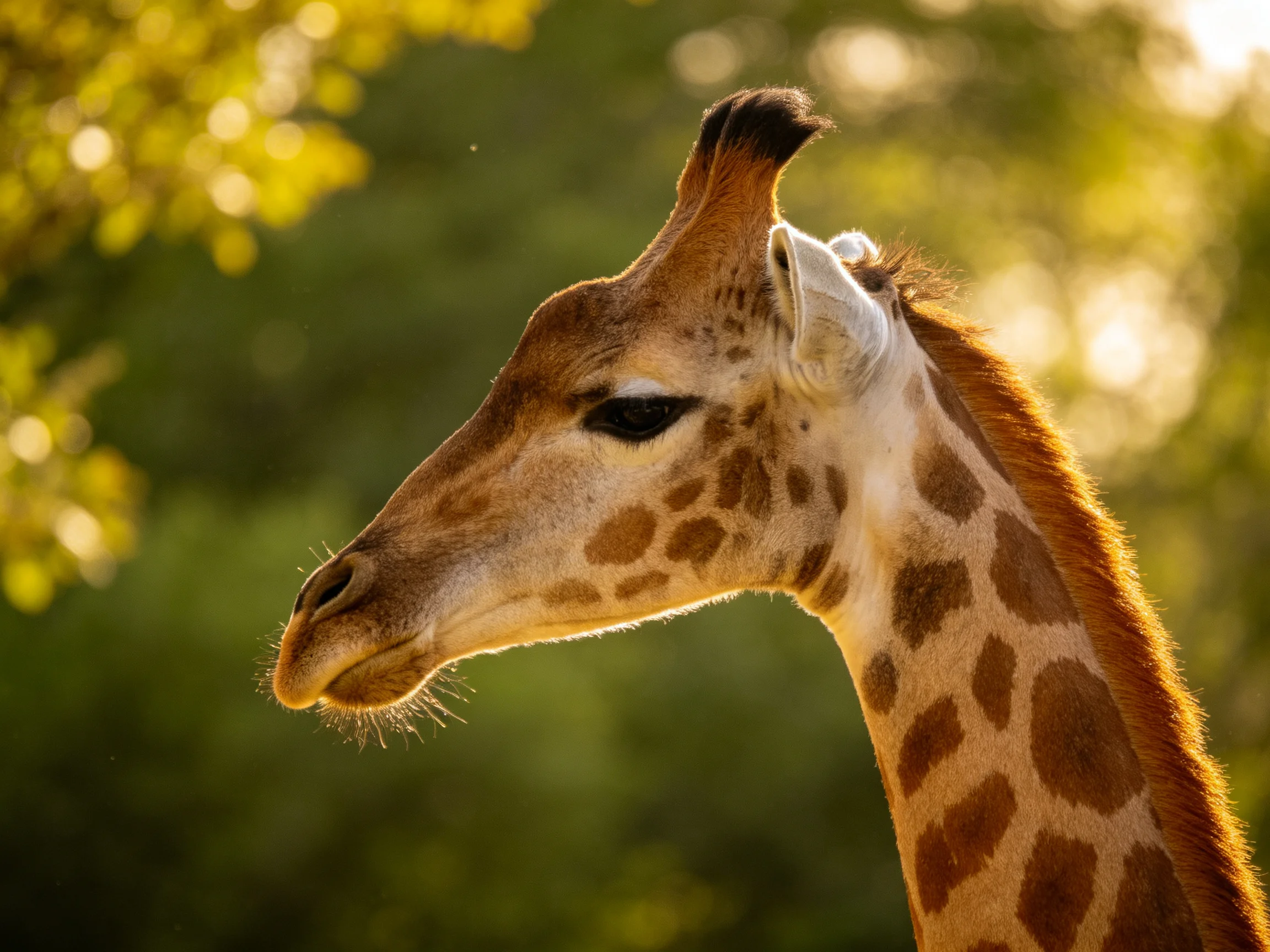 A close-up of a giraffe with brown patches near green foliage